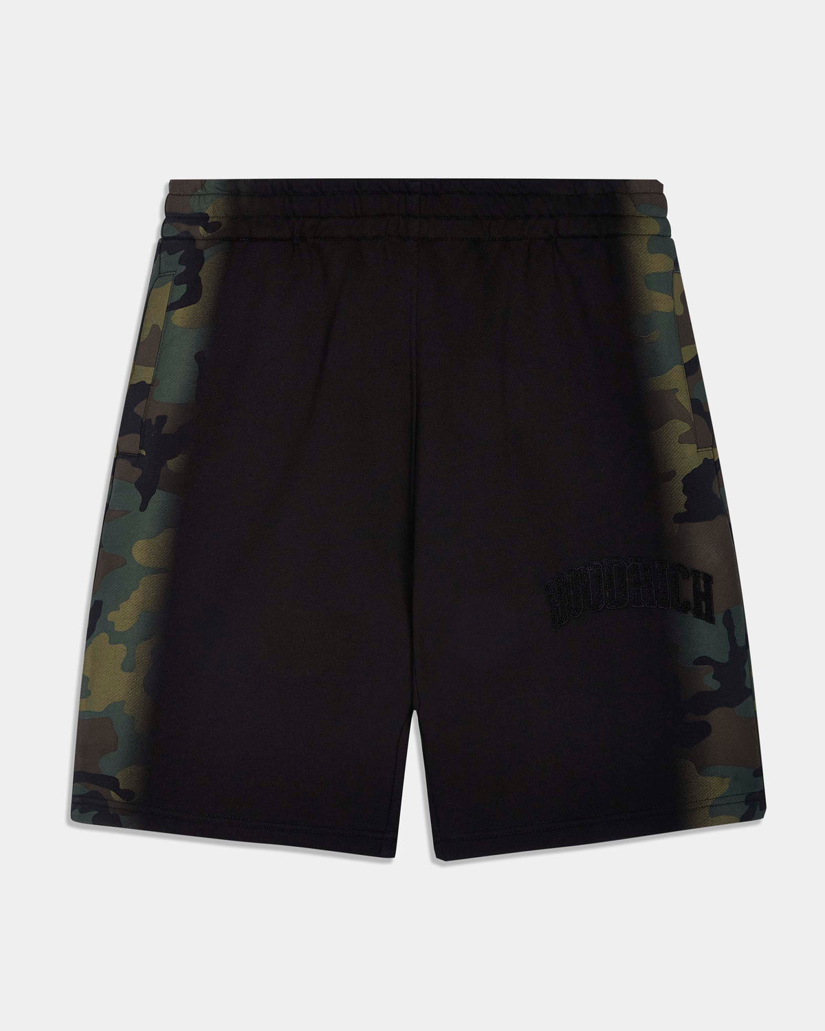 Black camouflage athletic shorts with a subtle tonal logo on the lower right leg, displayed against a light gray background.