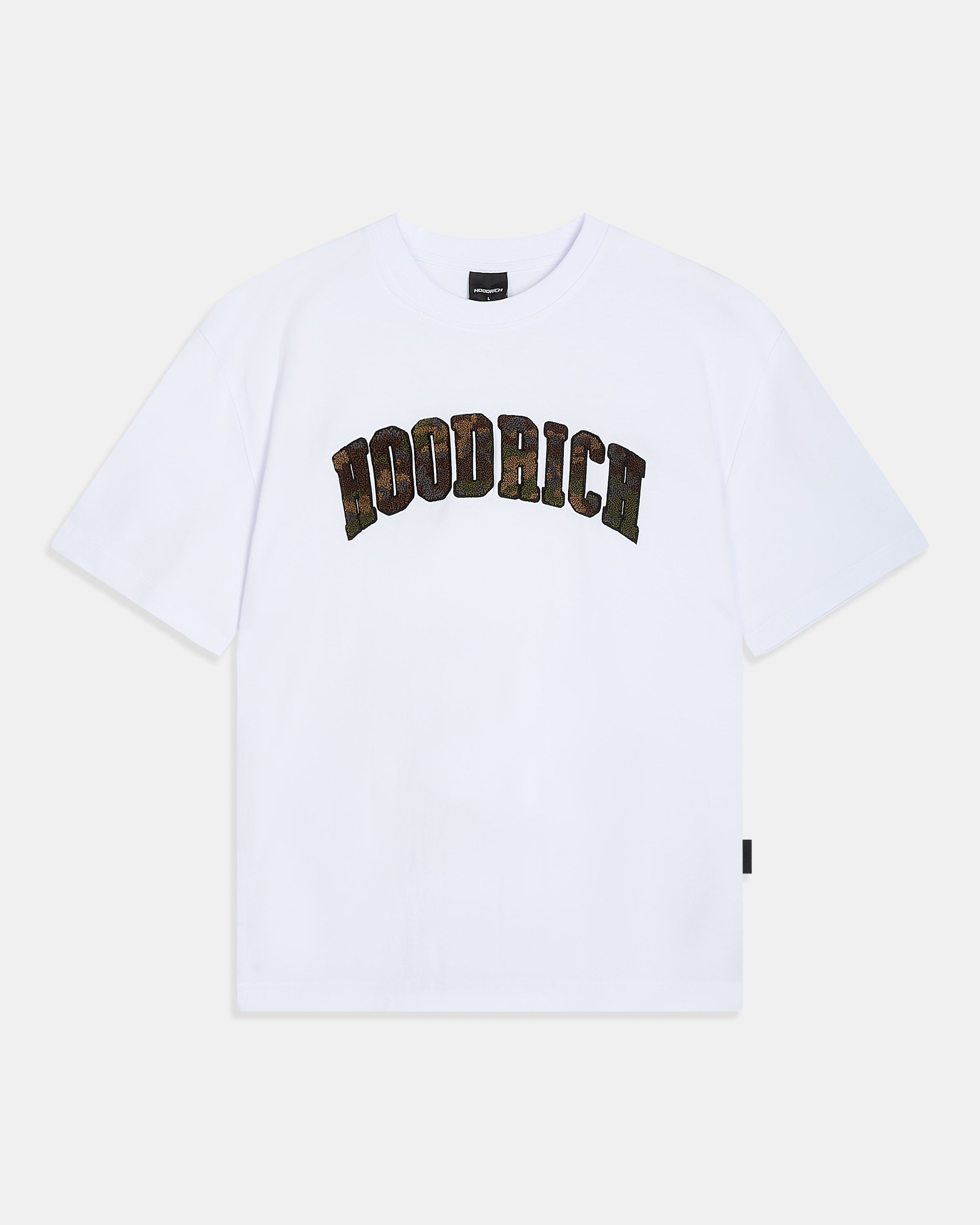 A white short-sleeve crewneck t-shirt featuring the word 'HOODRICH' printed in an arched, camouflage-patterned font across the chest, displayed on a light gray background.