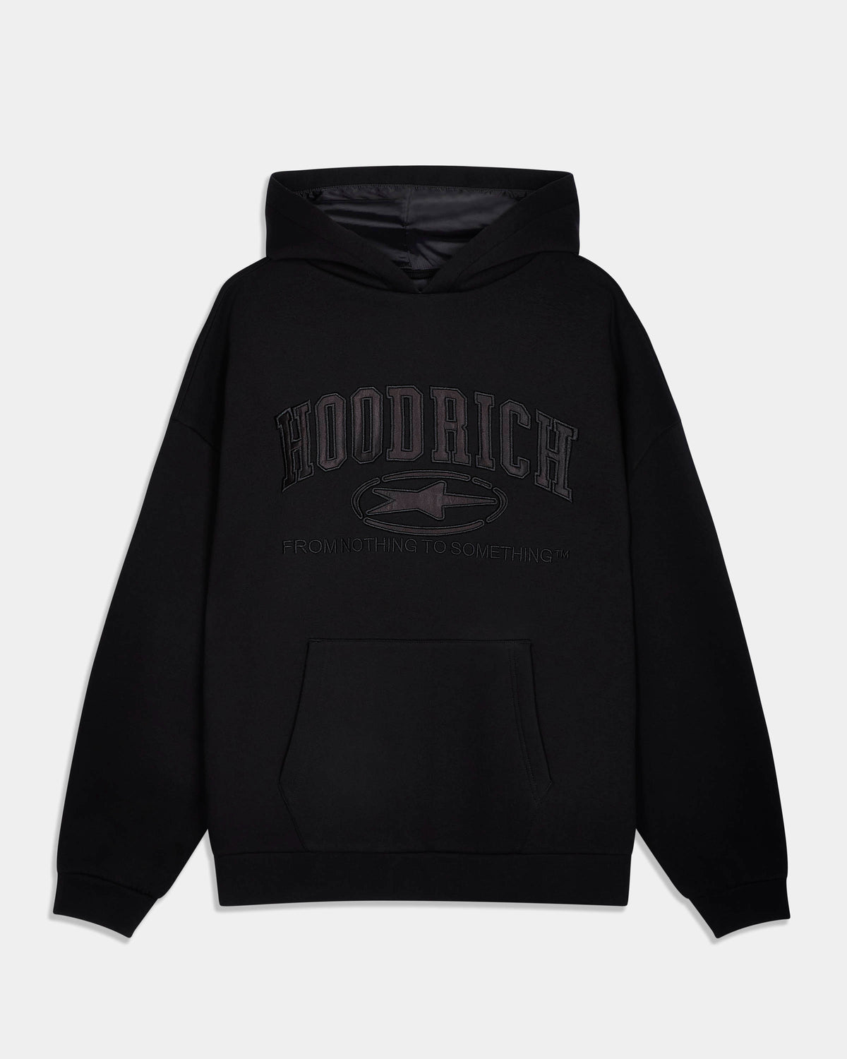 A black pullover hoodie with a tonal dark gray 'HOODRICH' logo printed on the chest, displayed against a light gray background.