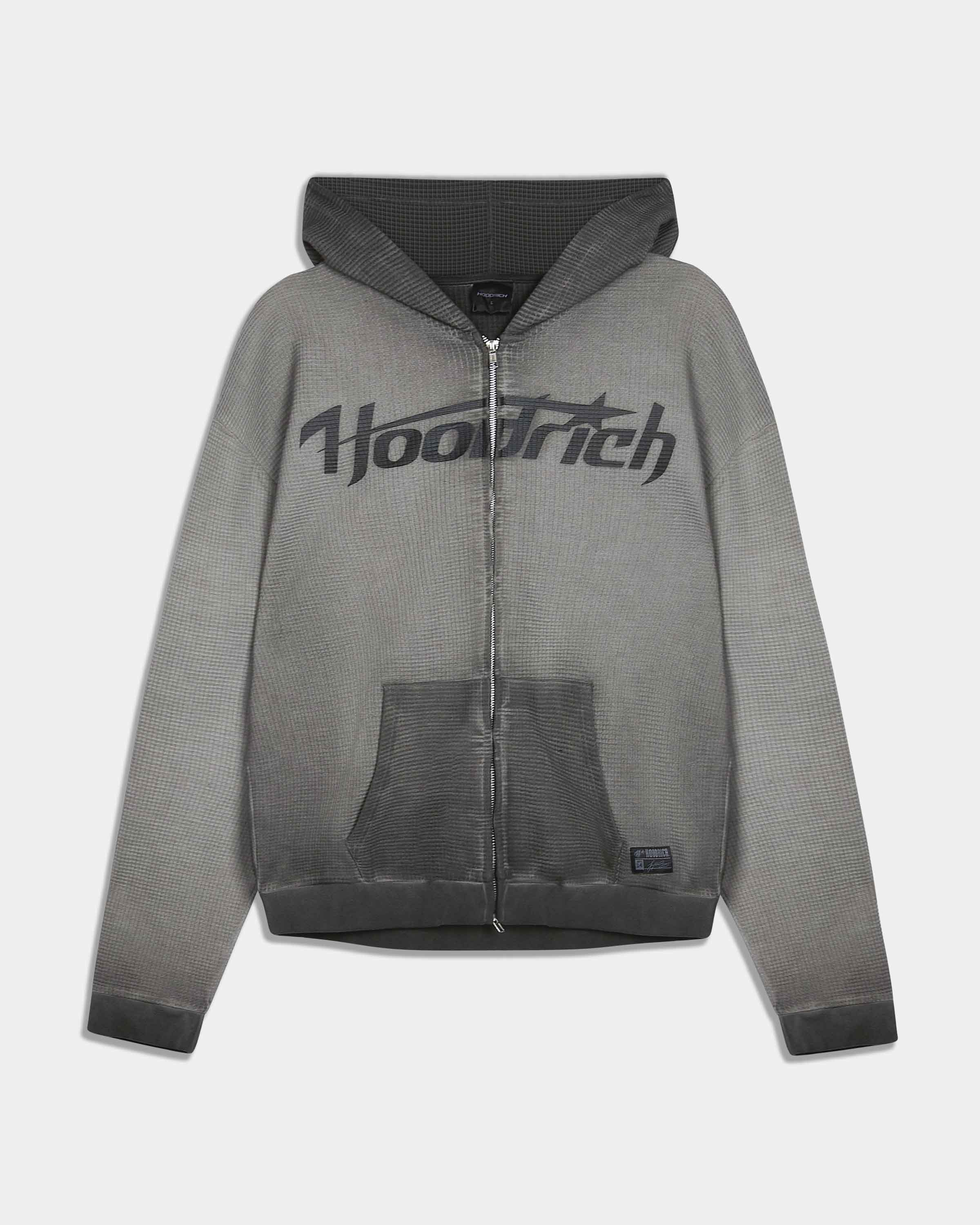 A gray zip-up hoodie with a black gradient hood and cuffs, featuring a large 'Hooshtech' logo printed across the chest, displayed on a light gray background.