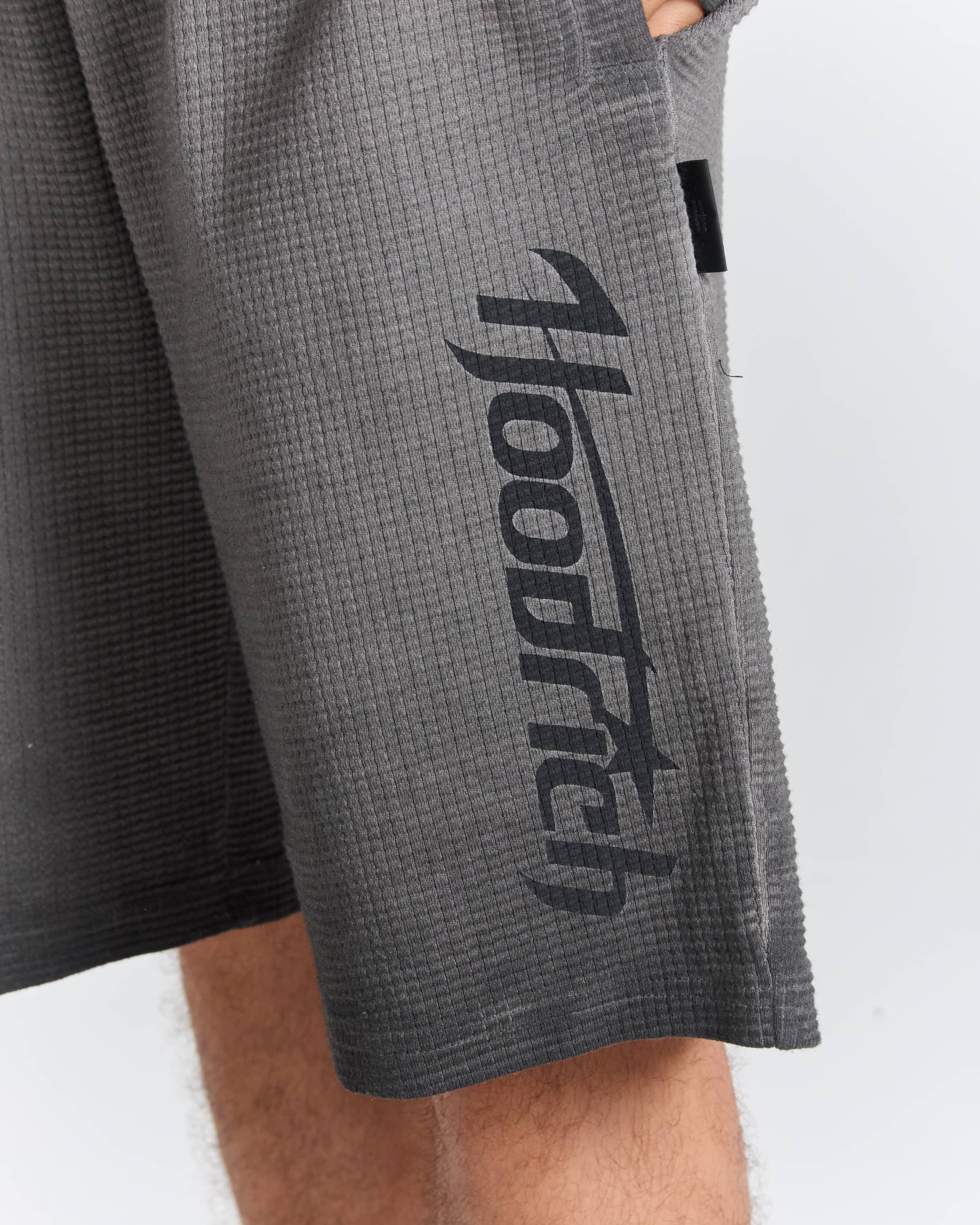 Close-up of a person wearing dark gray waffle-knit shorts with a large black vertical 'hoodrich' logo printed on the left leg, against a light gray background.