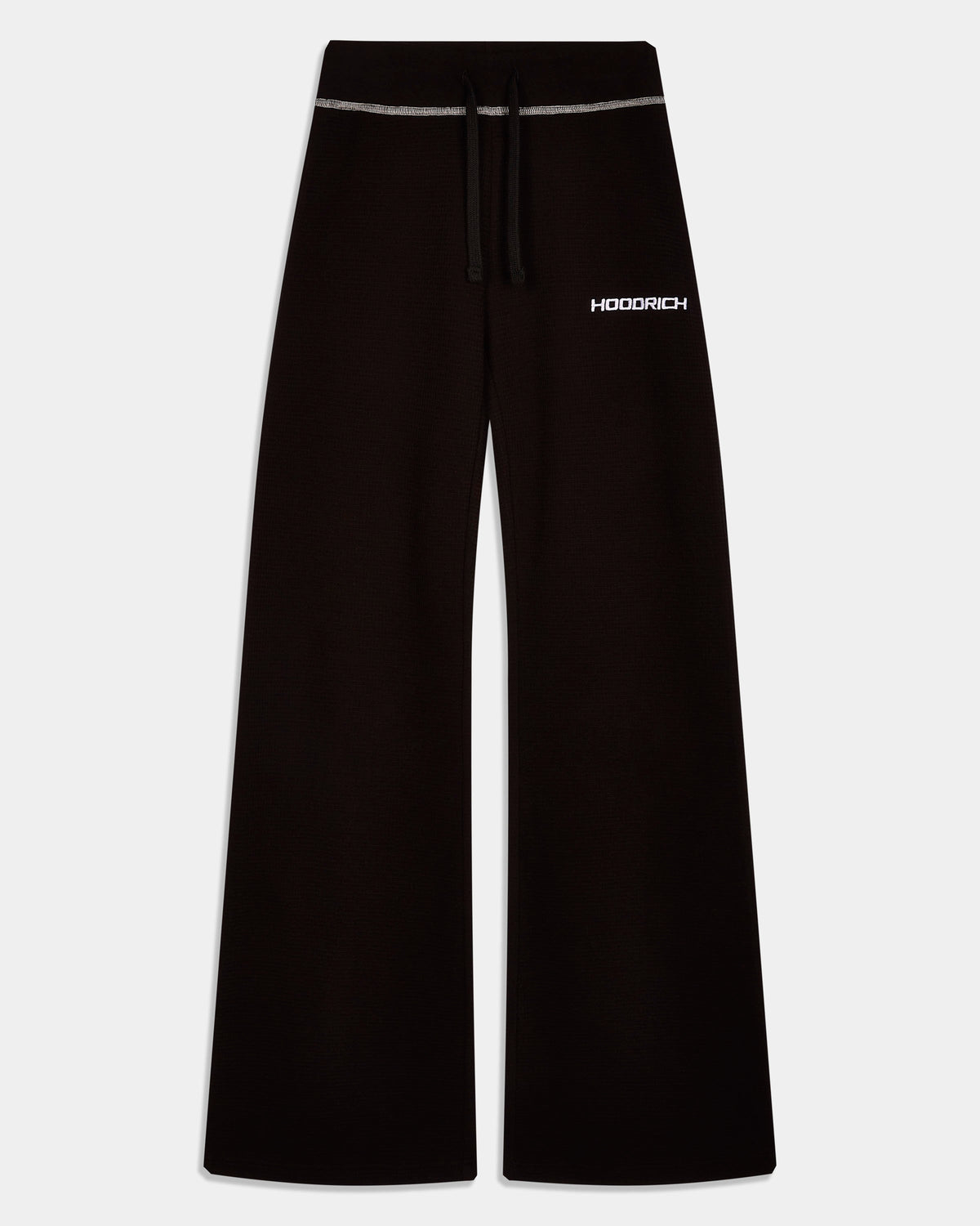 Black wide-leg sweatpants with a white drawstring and a white HOODRICH logo on the left hip, shown against a light gray background.