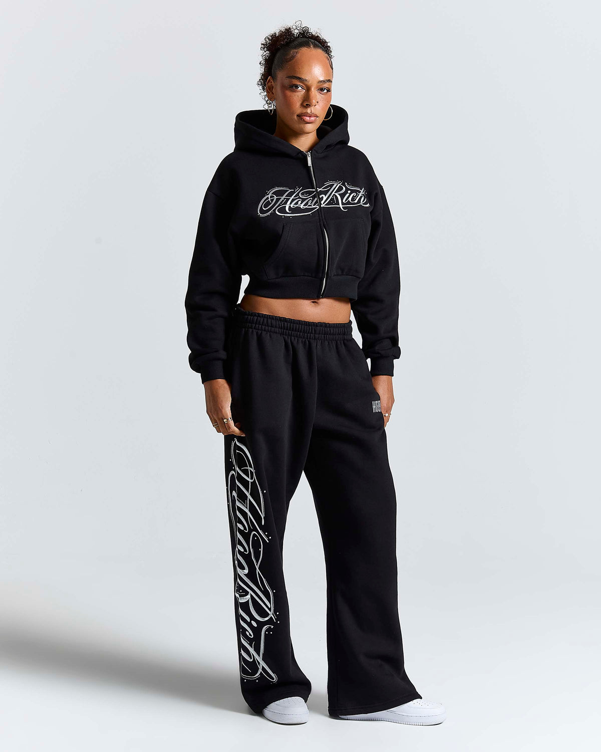 Solace Boxy Zip Hoodie - Black/Silver Rhinestone