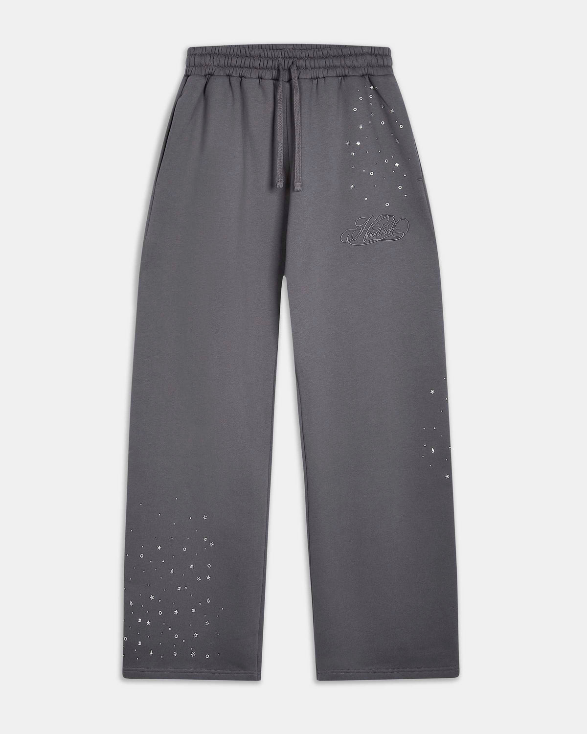 Displays the silver 'hoodrich' branded Clash V2 Oversized Wide Leg Joggers
