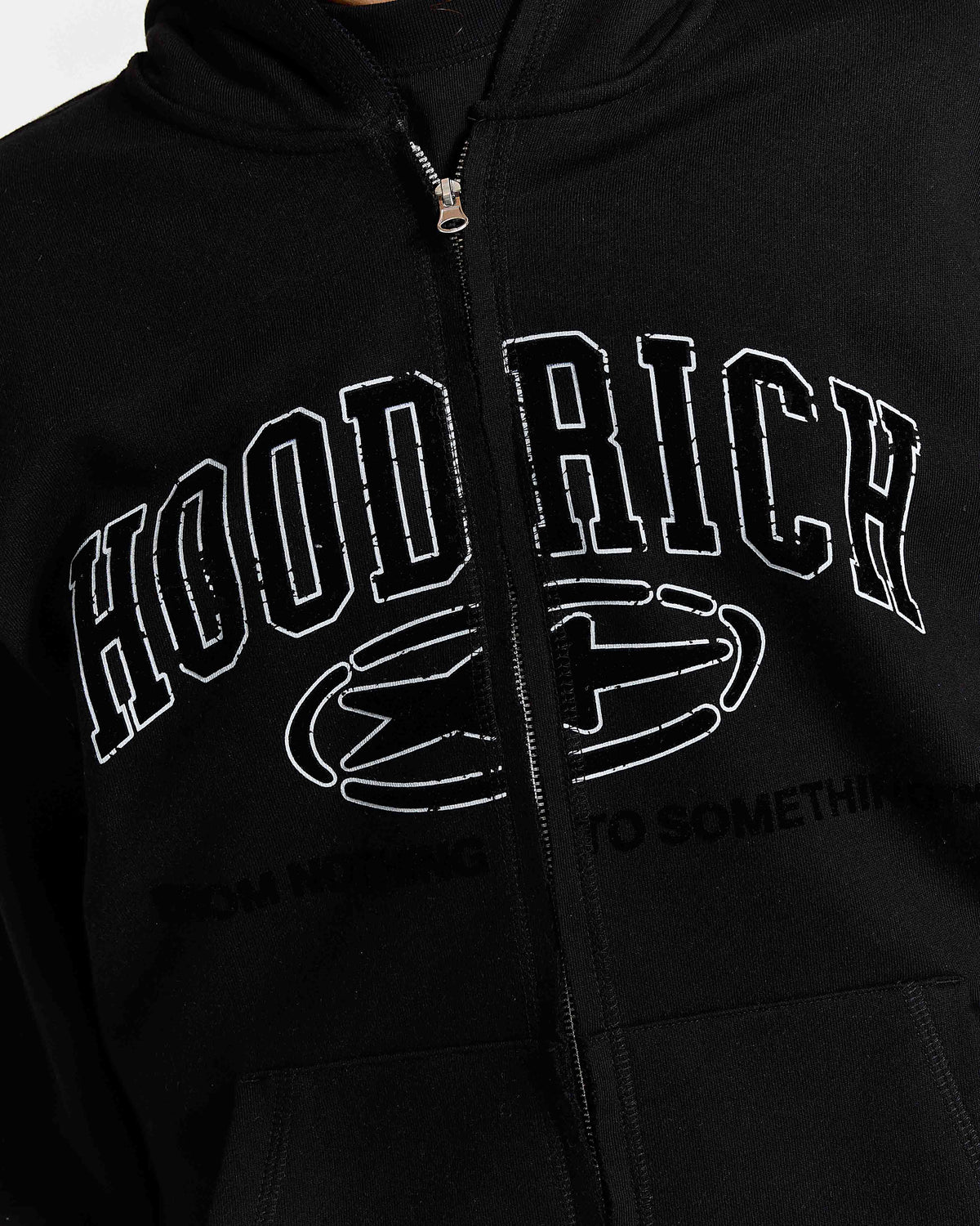 Black hoodie with 'HOODRICH' text and logo on a dark background
