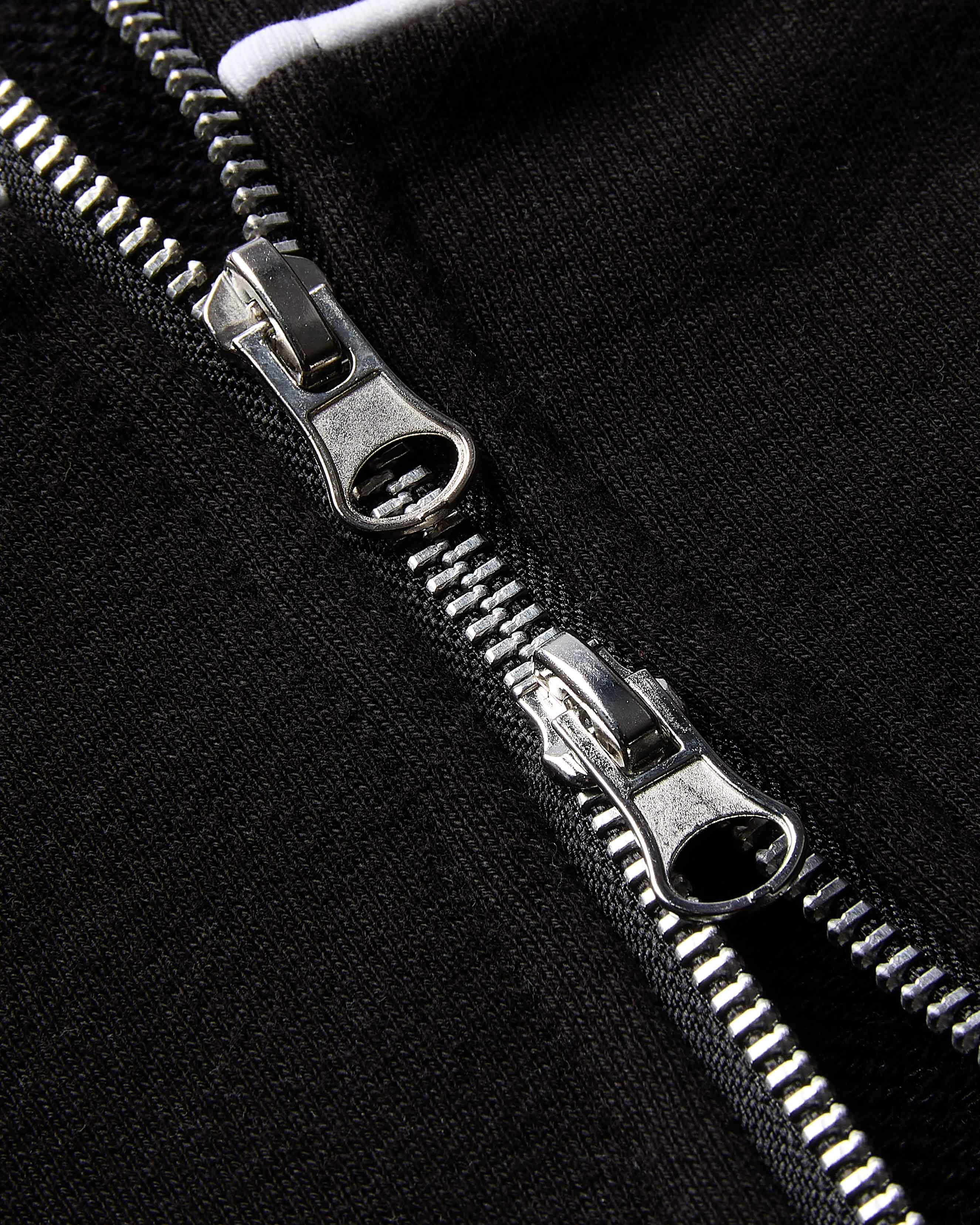 Close-up of a silver zipper on a black background