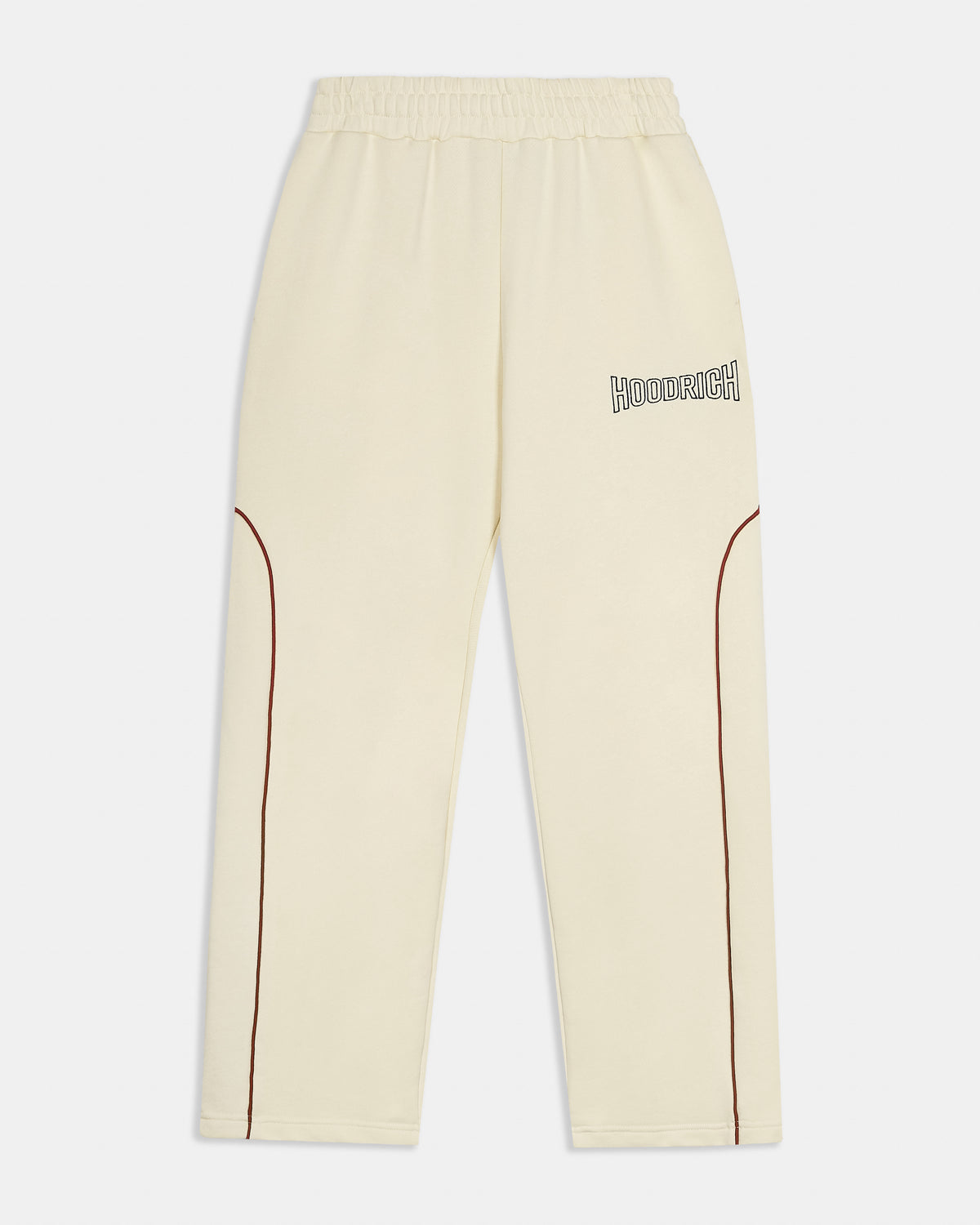 Beige pants with a brand logo on a light gray background