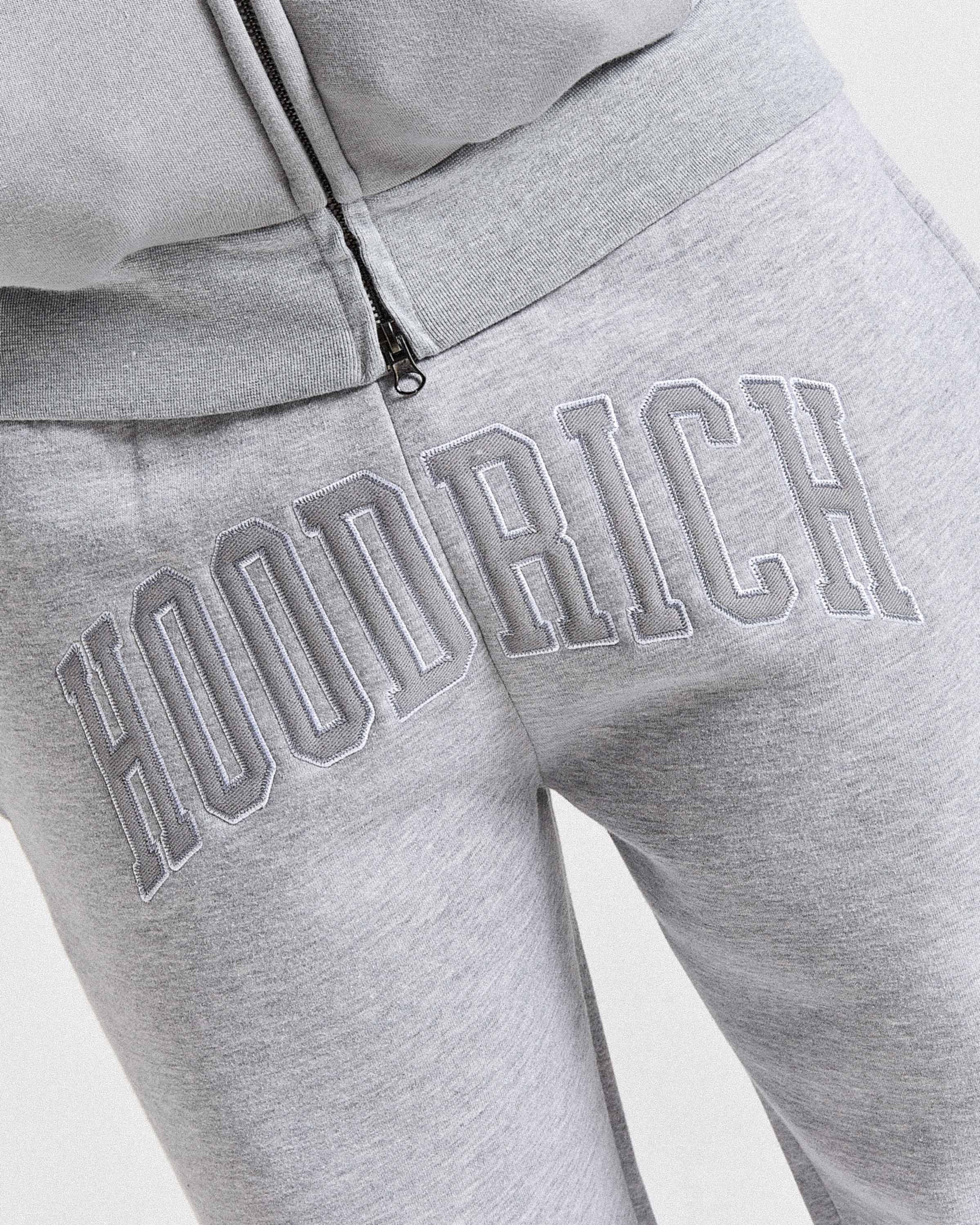 Gray tracksuit with 'HOODRICH' branding on a light gray background