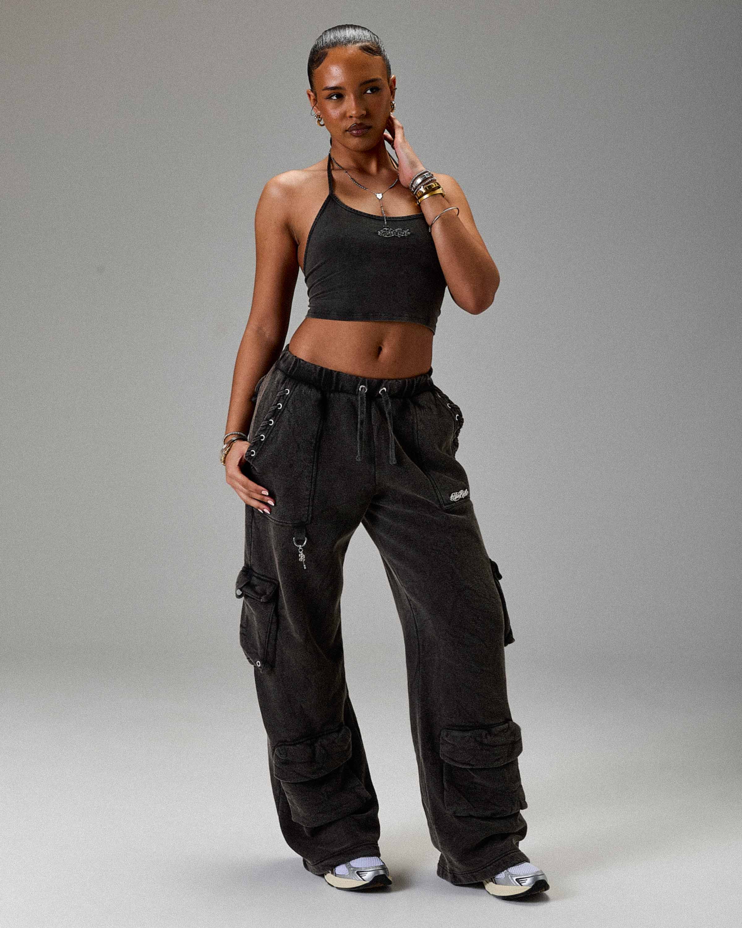 The Winner's Circle Token Tie Back Halter Top - Washed Black