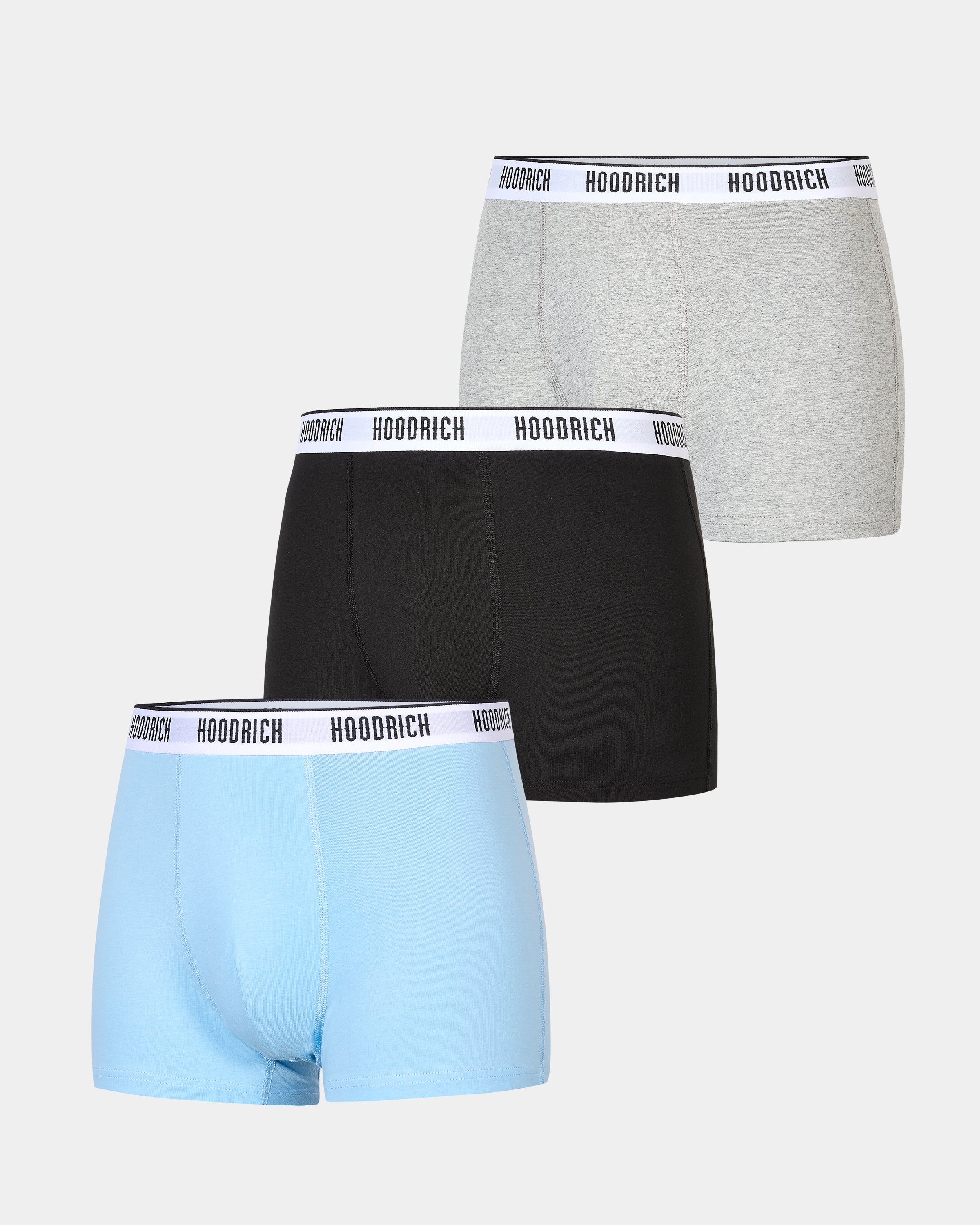 Three pairs of boxer briefs in black, gray, and light blue with 'Hoodrich' branding on a white background.