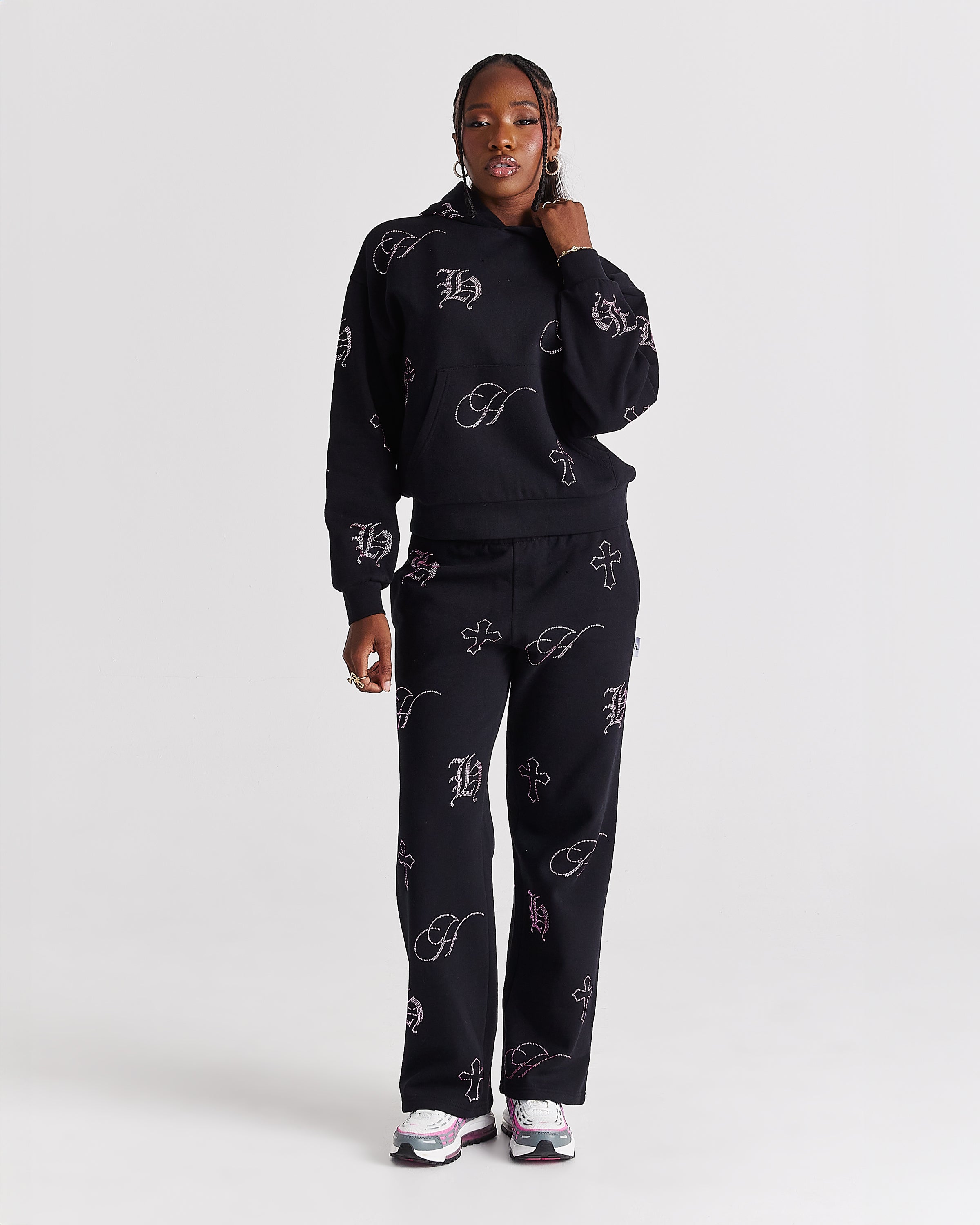 Crystal Wide Leg Jogger - Black/Pink Rhinestone