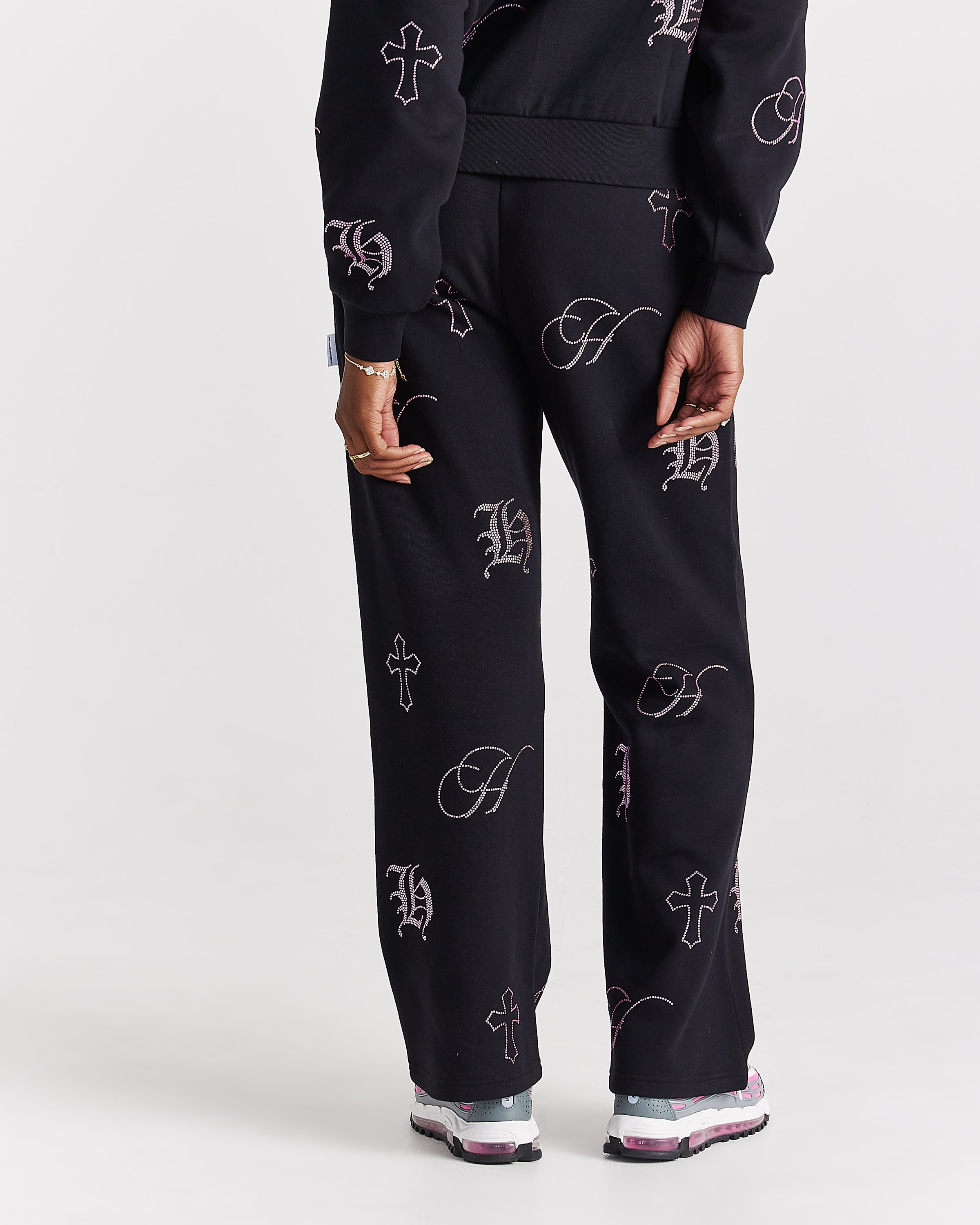 Crystal Wide Leg Jogger - Black/Pink Rhinestone