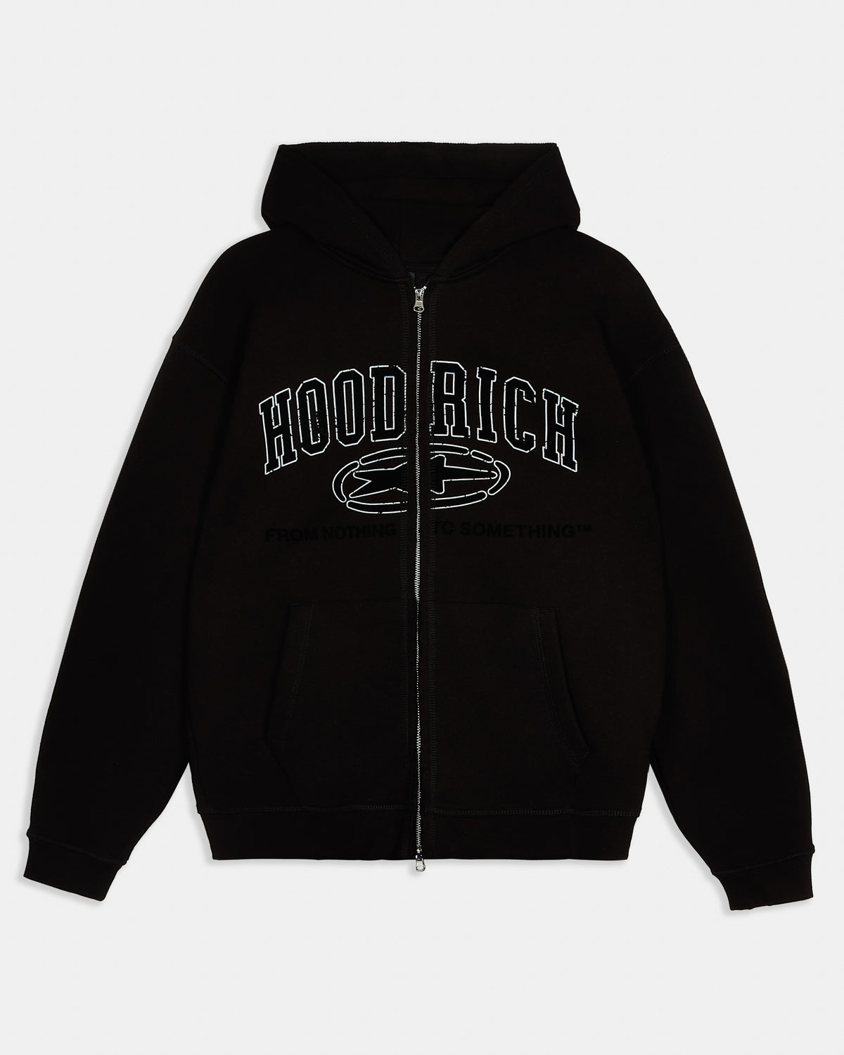 Black hoodie with 'HOODRICH' text on a white background