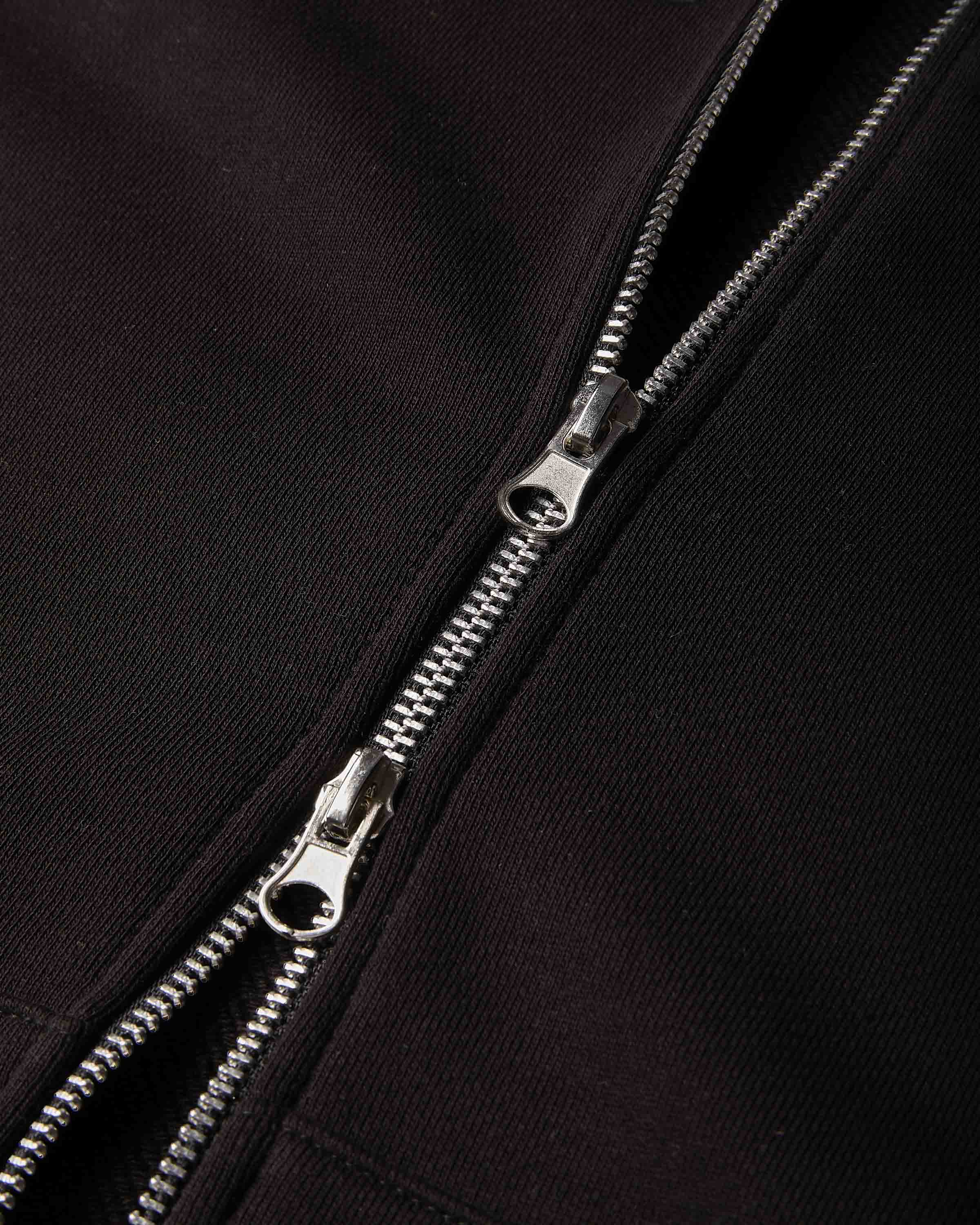 Close-up of a black fabric garment with a silver metal zipper running vertically down the center.