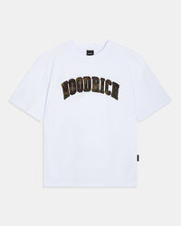 A white short-sleeve crewneck t-shirt featuring the word 'HOODRICH' printed in an arched, camouflage-patterned font across the chest, displayed on a light gray background.