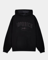 A black pullover hoodie with a tonal dark gray 'HOODRICH' logo printed on the chest, displayed against a light gray background.