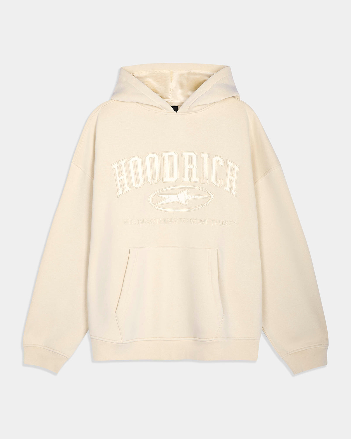 An oversized cream-colored hoodie with a tonal white 'HOODRICH' graphic and logo printed on the chest, displayed against a light gray background.