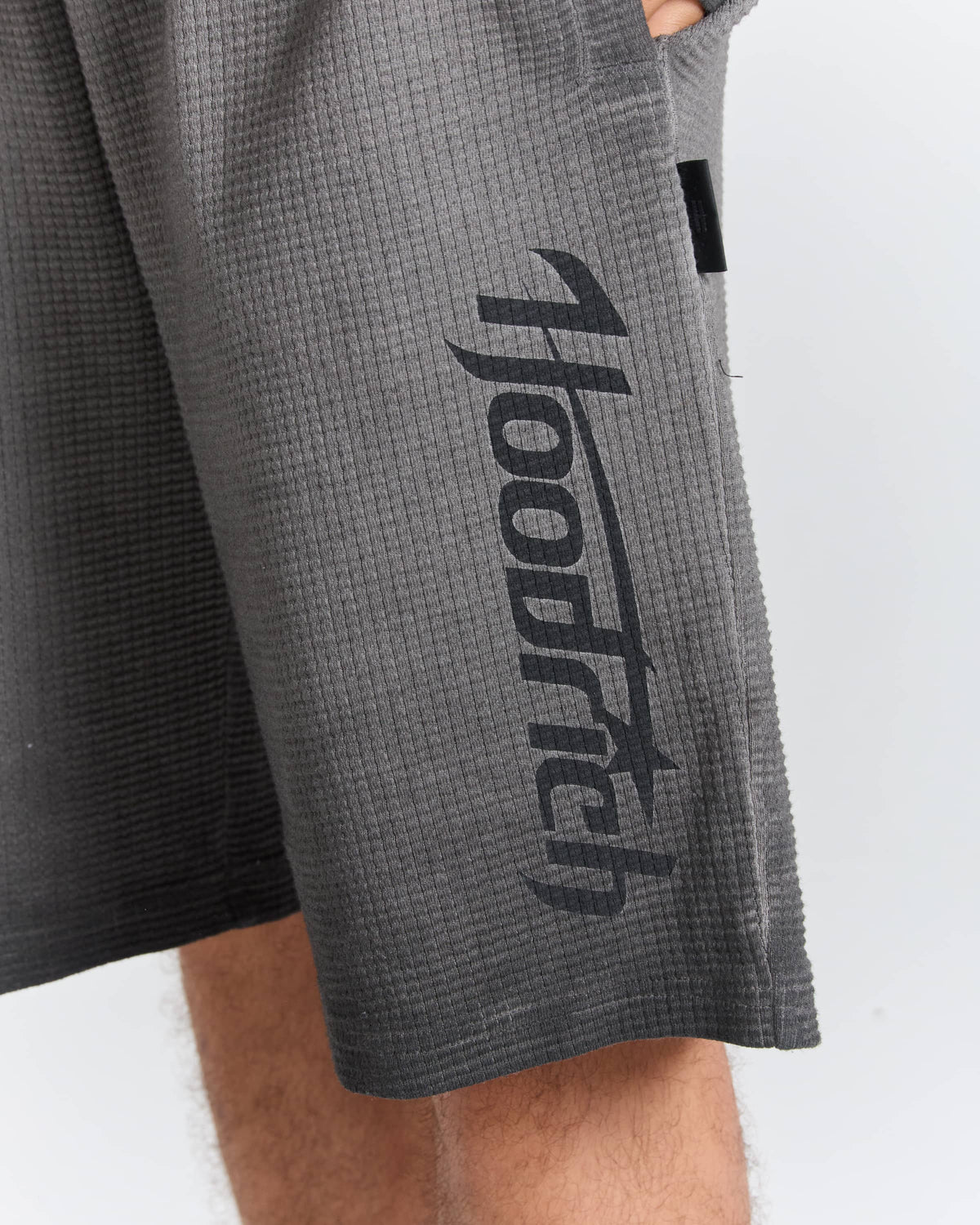 Close-up of a person wearing dark gray waffle-knit shorts with a large black vertical 'hoodrich' logo printed on the left leg, against a light gray background.