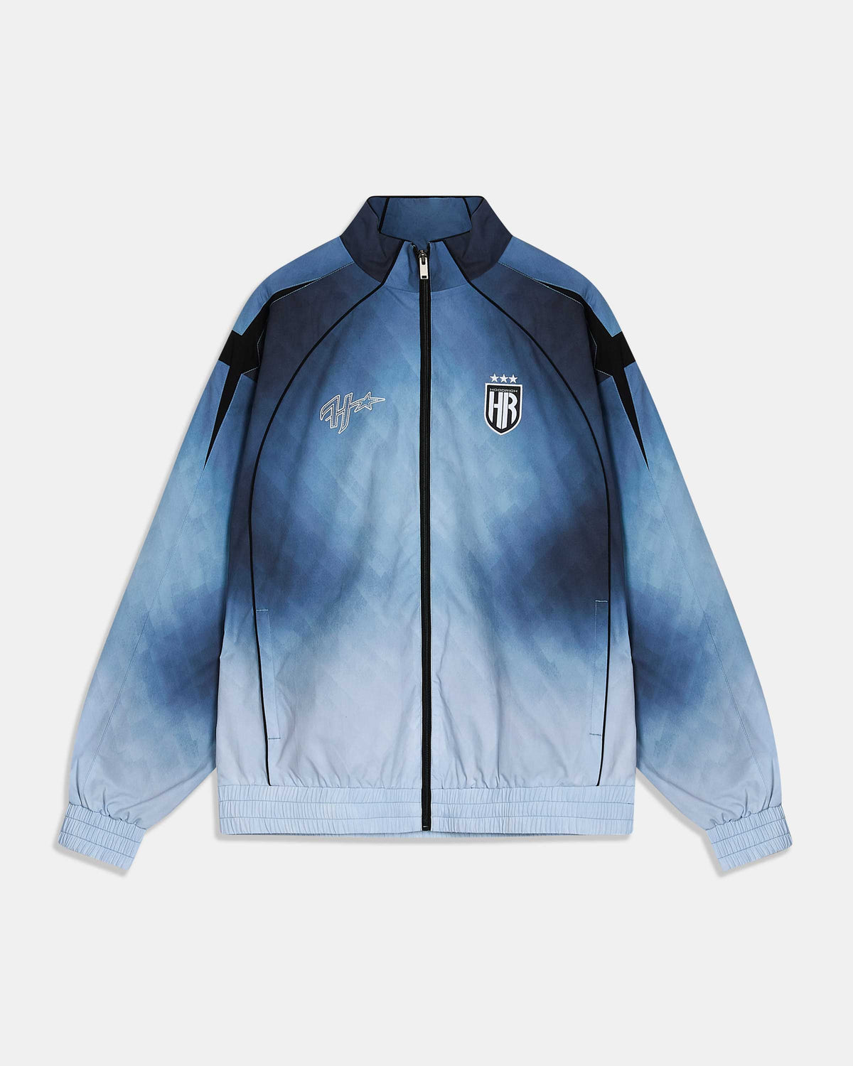 A light blue and navy gradient zip-up track jacket with black shoulder accents, featuring the 'HR' crest and a white script logo on the chest, displayed on a light gray background.