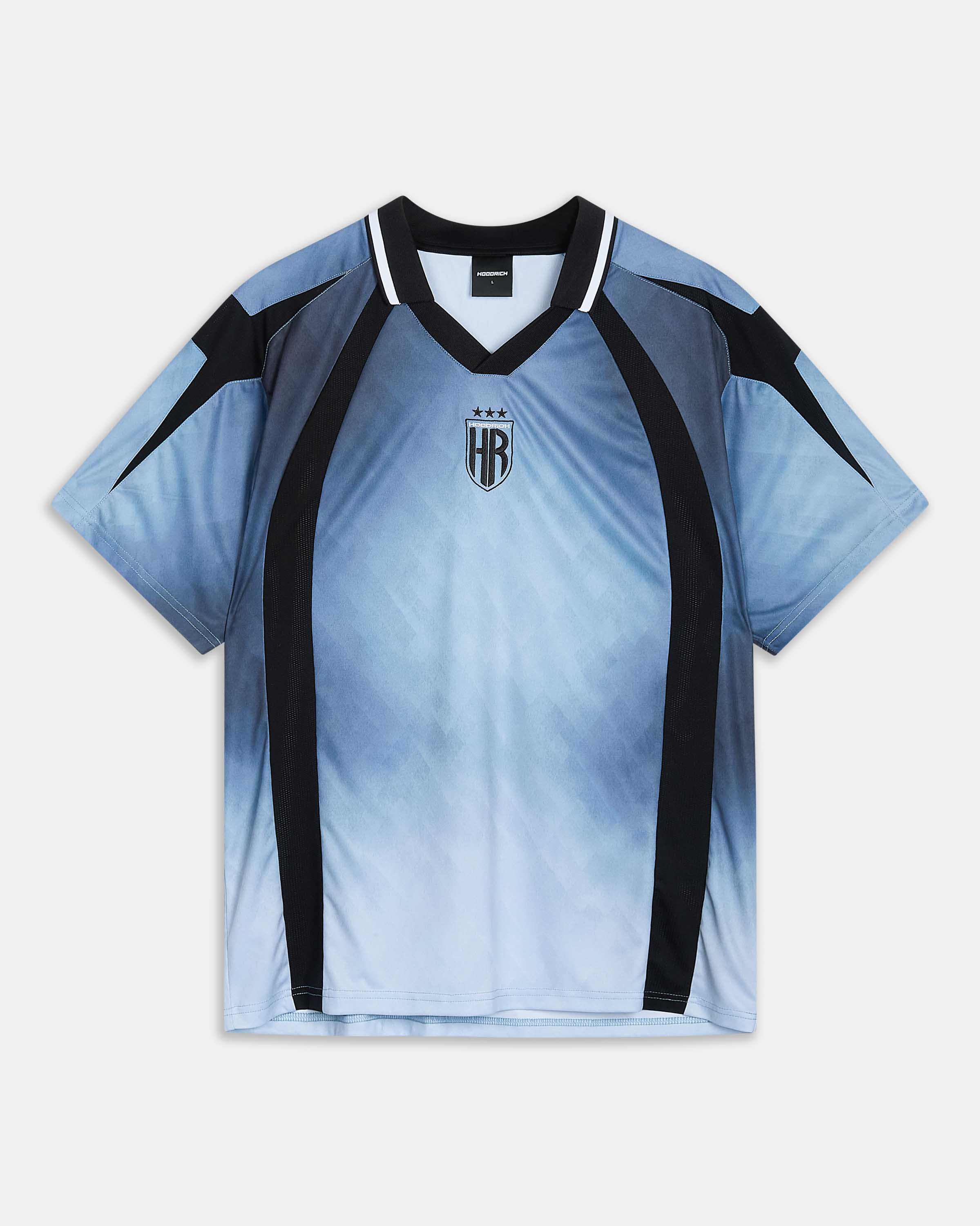 A short-sleeve athletic jersey with a light blue to white gradient body, black shoulder panels, and black vertical side stripes, featuring a black and white V-neck collar and a central crest with the letters HR.
