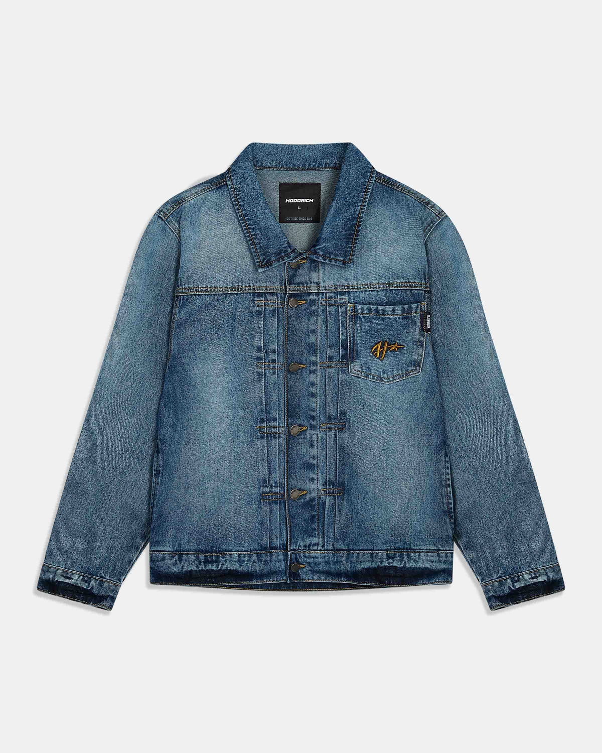 A blue denim jacket from the brand Suits for Men, featuring a button-up front, pointed collar, and a small embroidered logo on the chest pocket, displayed on a light gray background.