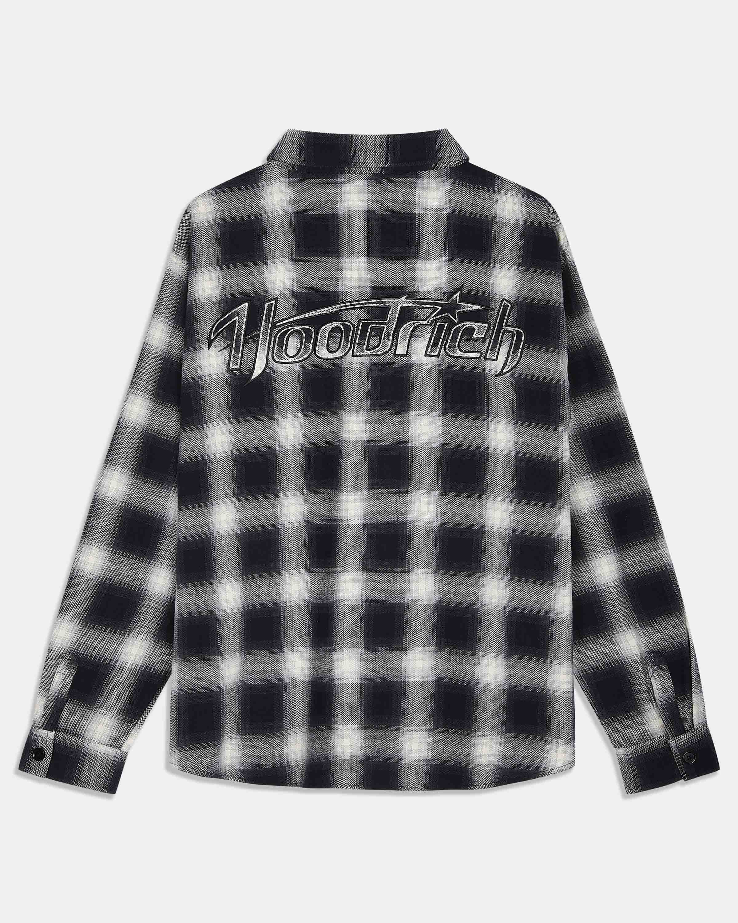 A long-sleeve plaid flannel shirt in black and white, featuring a large 'Hoodrich' logo printed across the chest, shown against a light gray background.