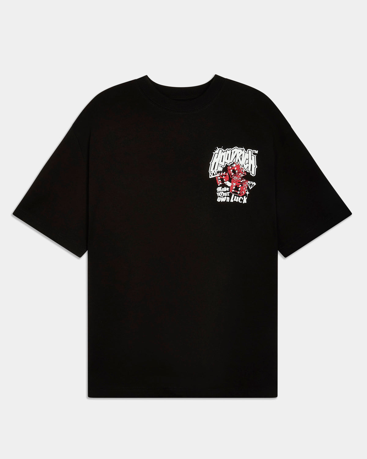 Black t-shirt with a small graphic on the chest against a white background
