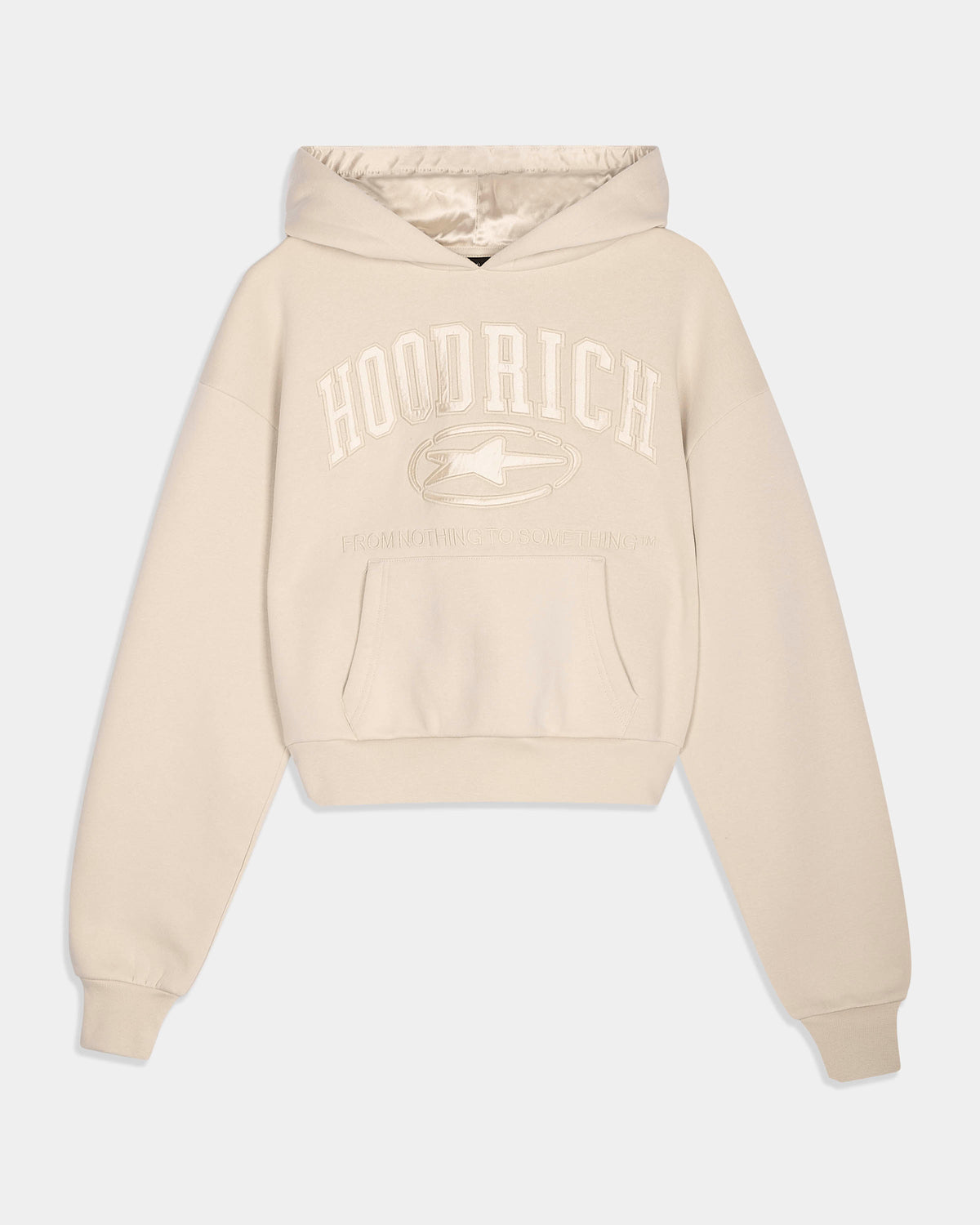A cream-colored cropped hoodie with a tonal 'HOODRICH' graphic and logo printed on the chest, displayed against a light gray background.