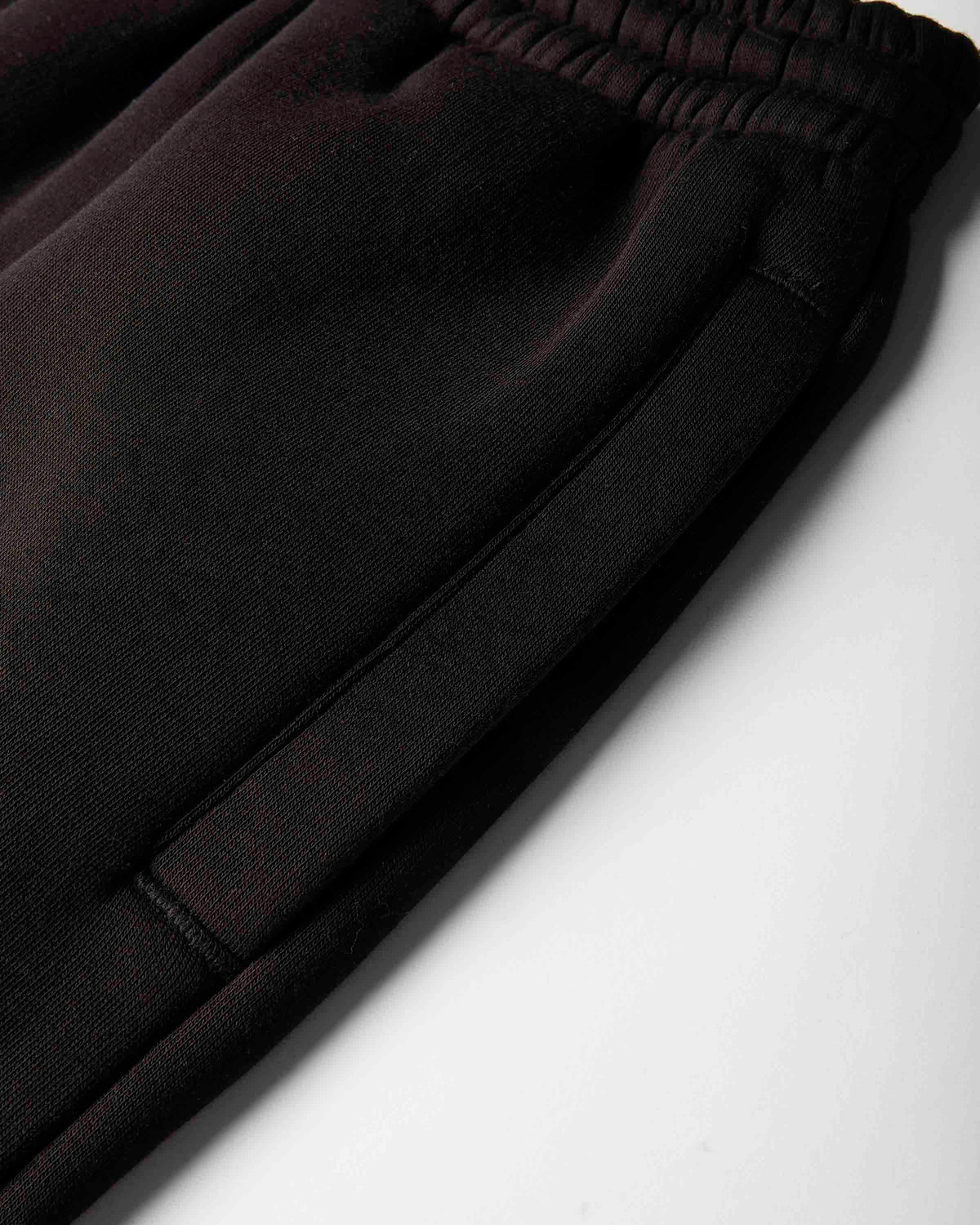 Close-up of black sweatpants showing the elastic waistband and side seam details against a light gray background.