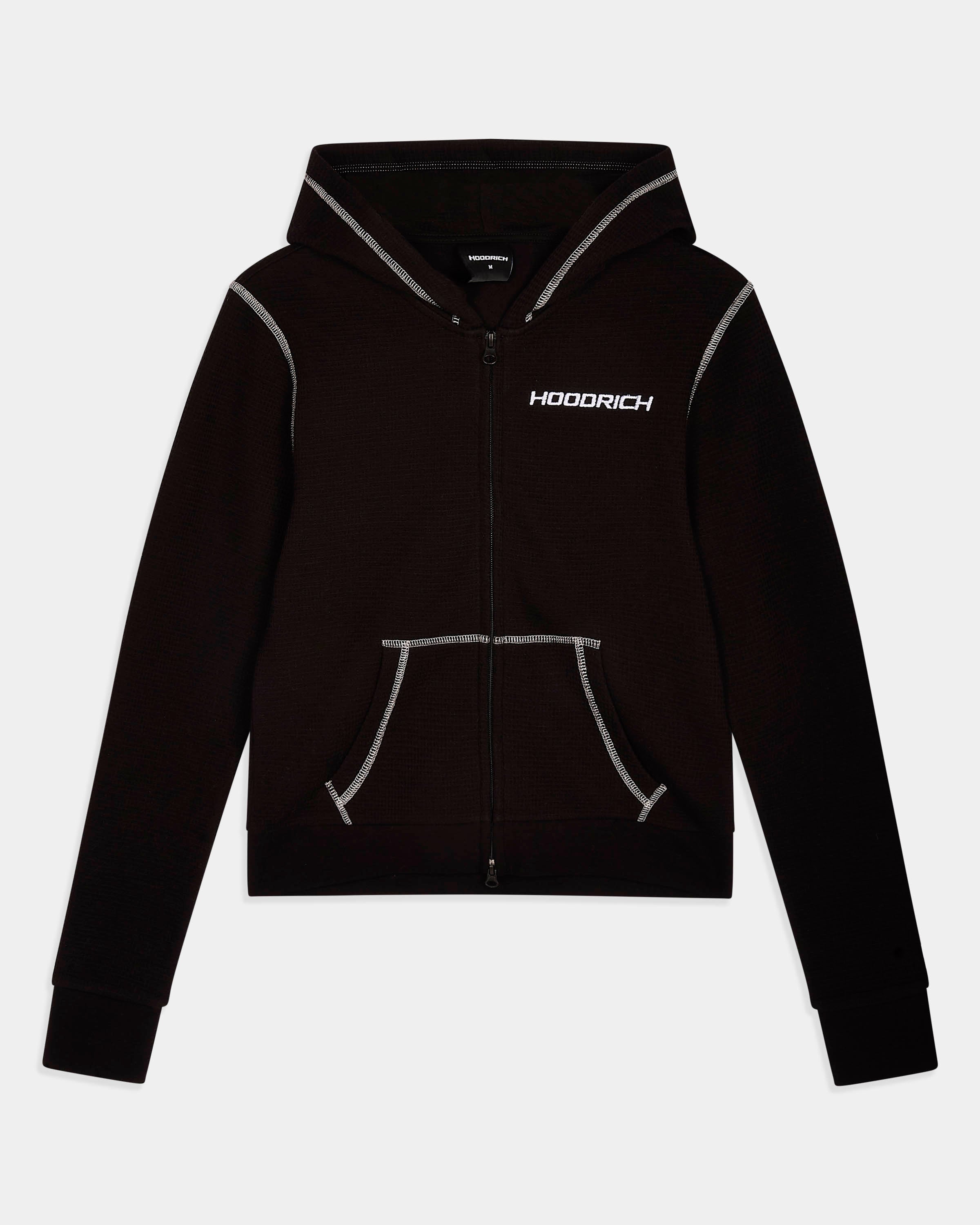 A black zip-up hoodie with white contrast piping and a white 'HOODRICH' logo on the chest, displayed against a light gray background.