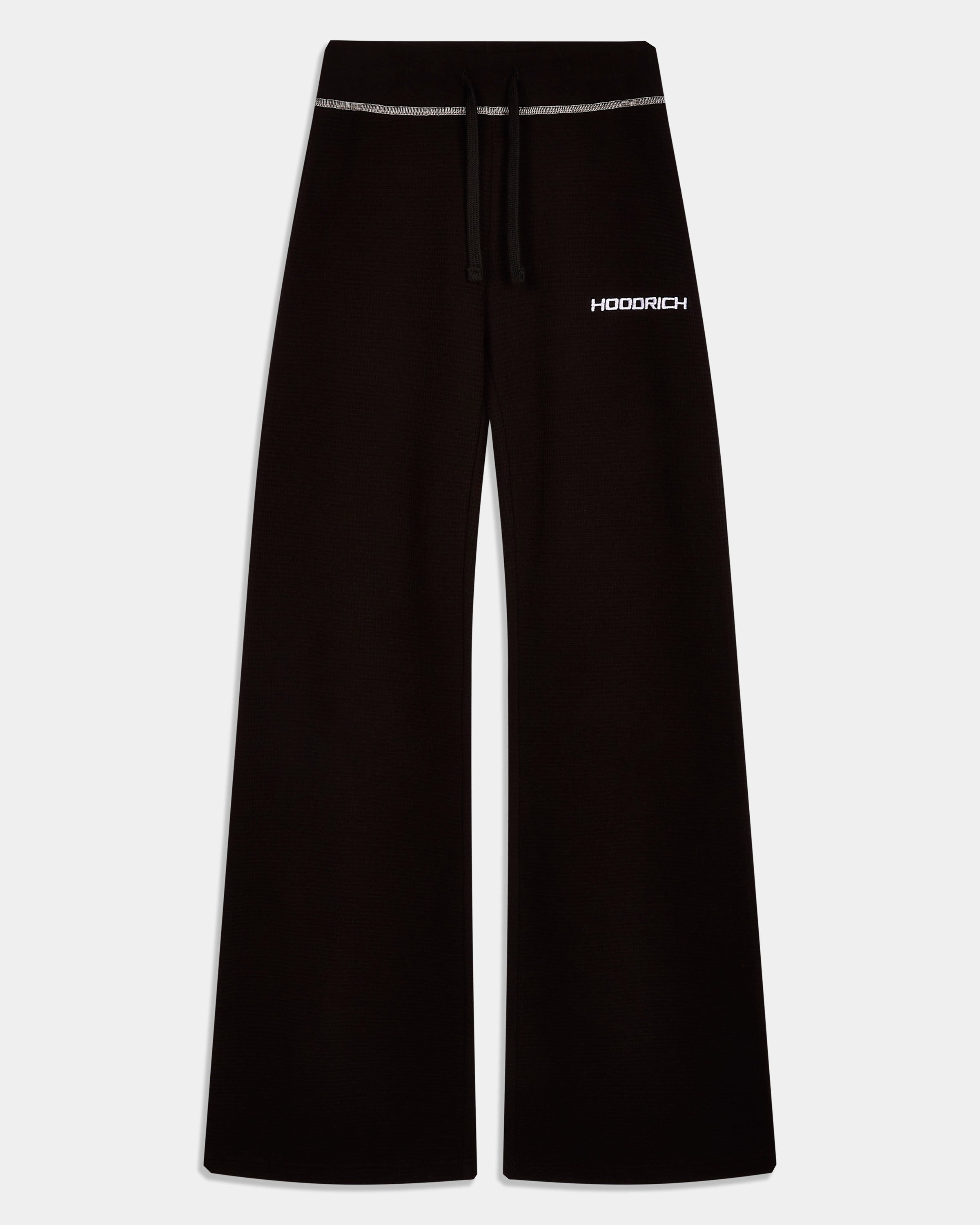 Black wide-leg sweatpants with a white drawstring and a white HOODRICH logo on the left hip, shown against a light gray background.