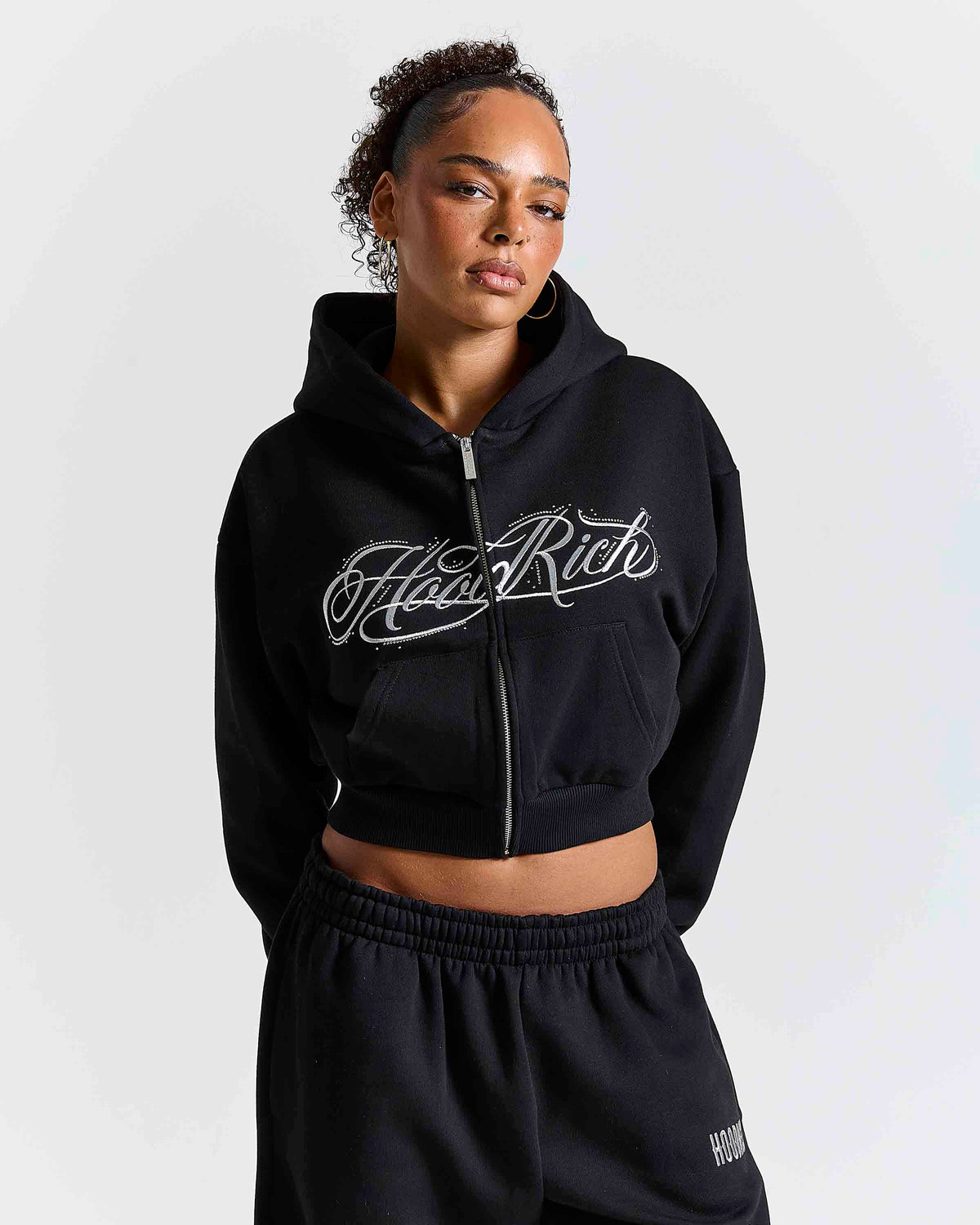 Solace Boxy Zip Hoodie - Black/Silver Rhinestone