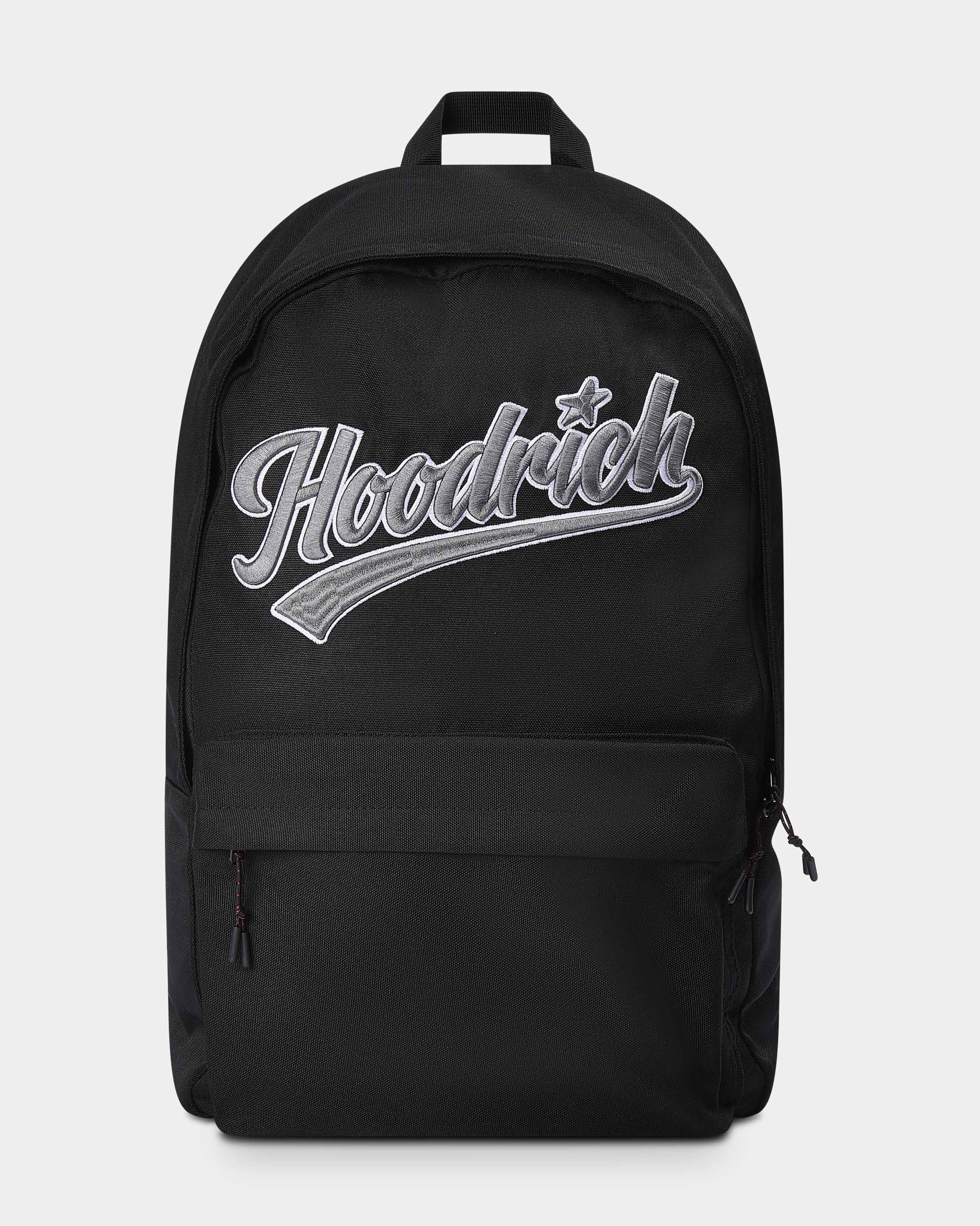 Black backpack with 'Hoodrich' logo on a white background