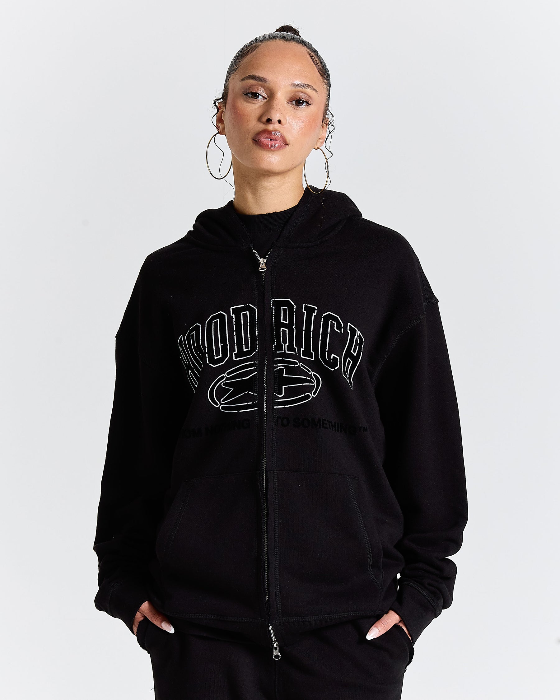 Fray Zip Relaxed Fit Hoodie - Black