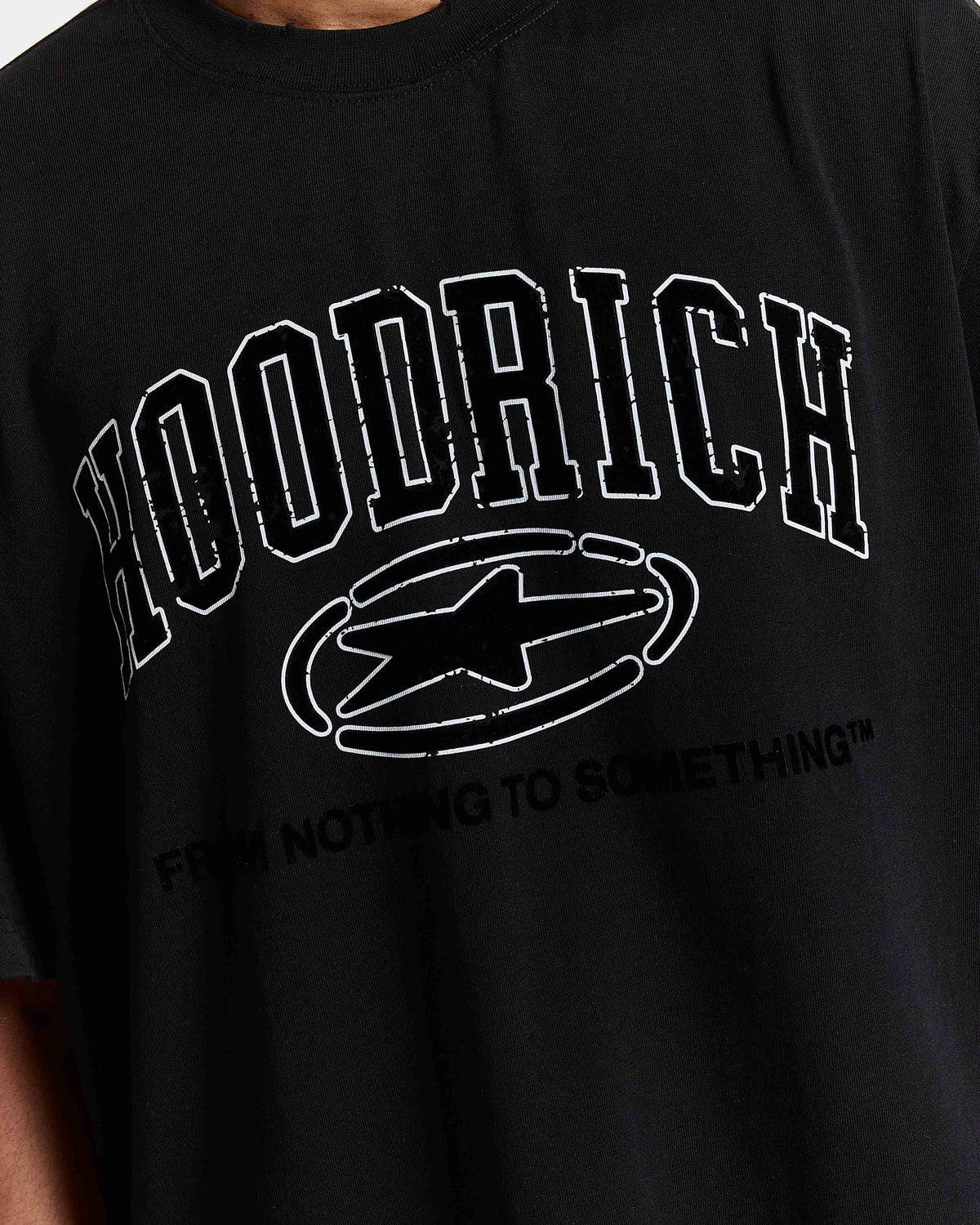 Black t-shirt with 'Hoodrich' logo and text on a person wearing it.