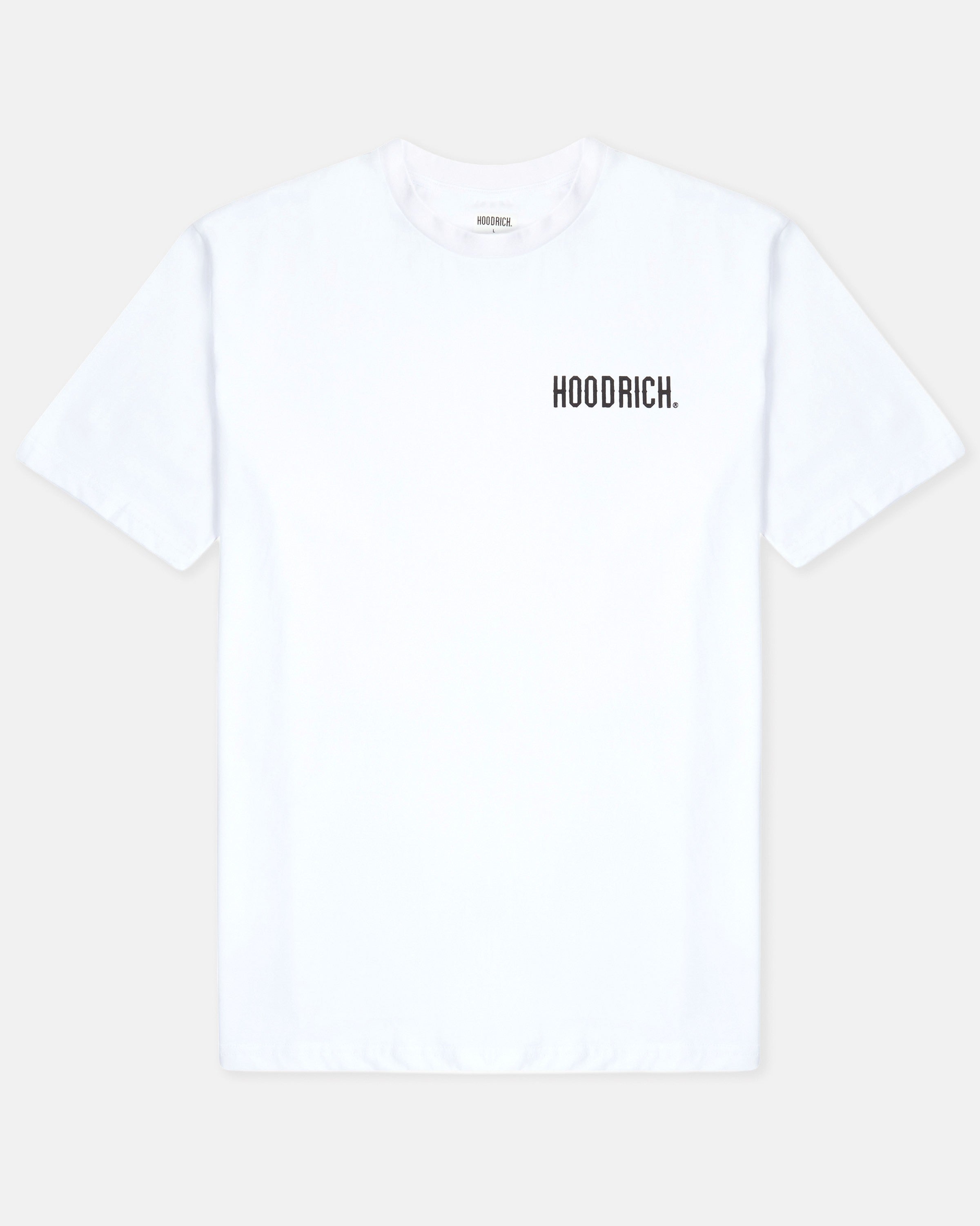 White t-shirt with 'HOODRICH' text on a light gray background