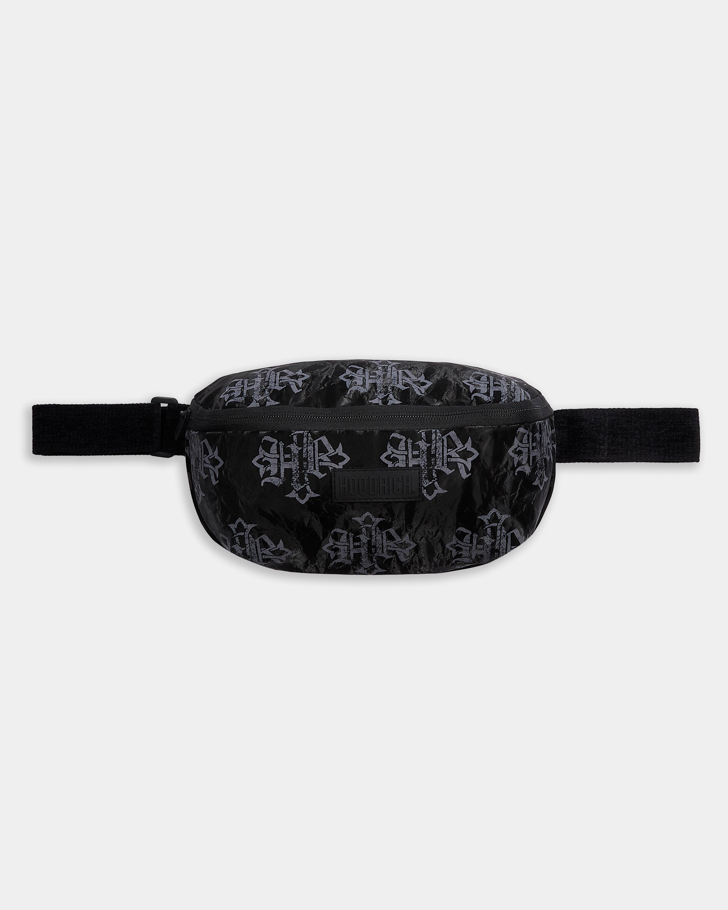 Black waist bag with pattern on a white background