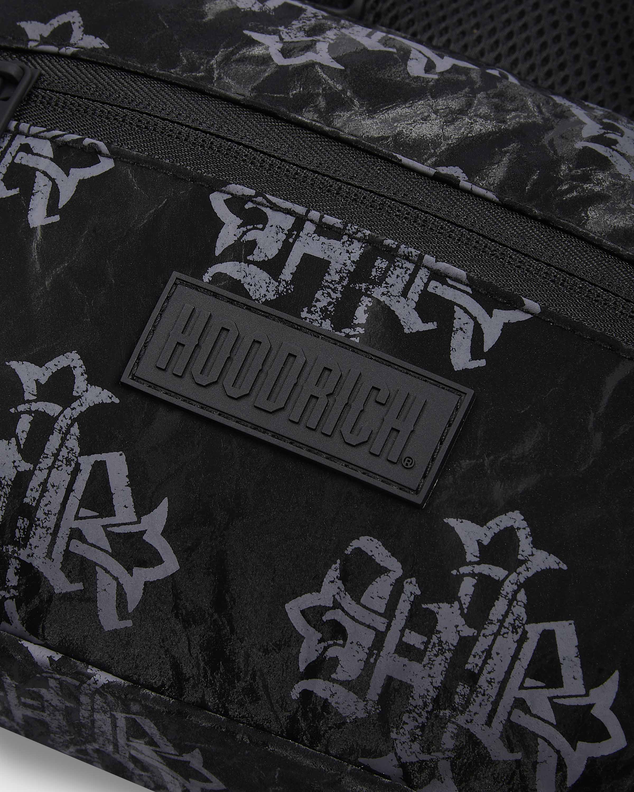 Black bag with HooDRICH branding and black and white pattern
