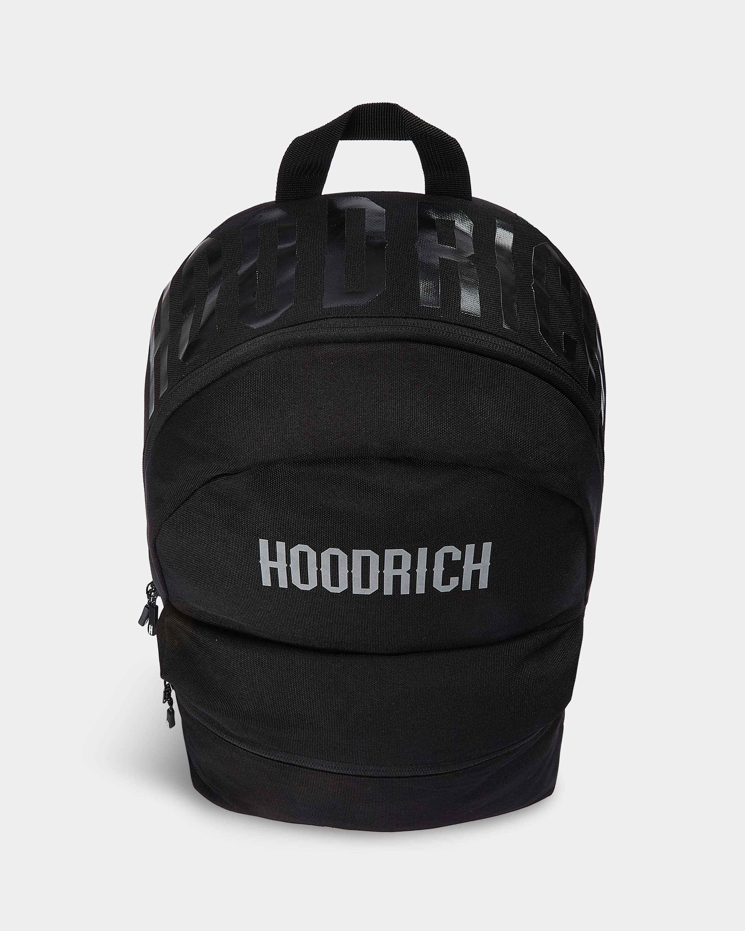 Black backpack with 'Hoodrich' branding on a light gray background
