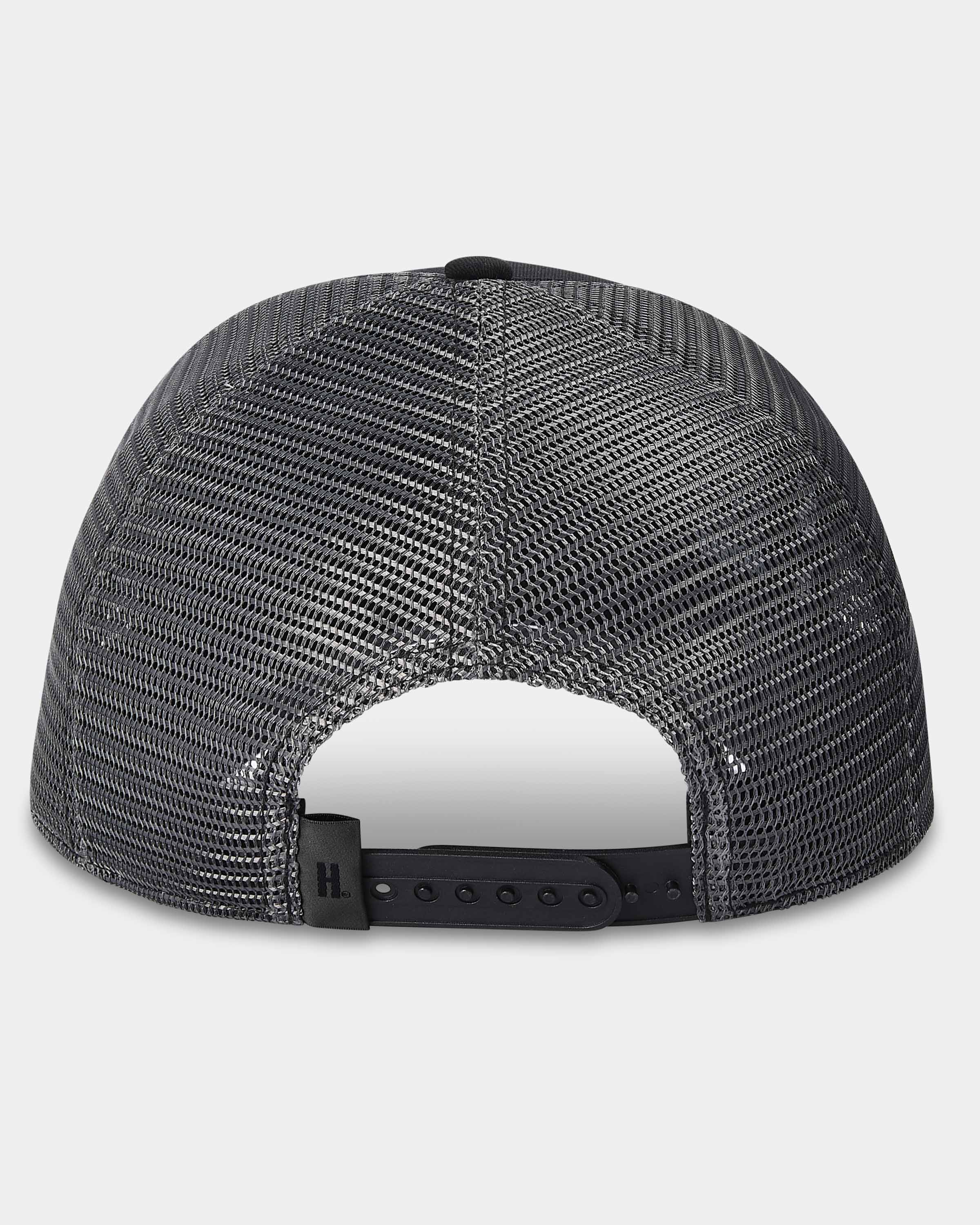 Back view of a gray mesh cap with a white interior on a light gray background