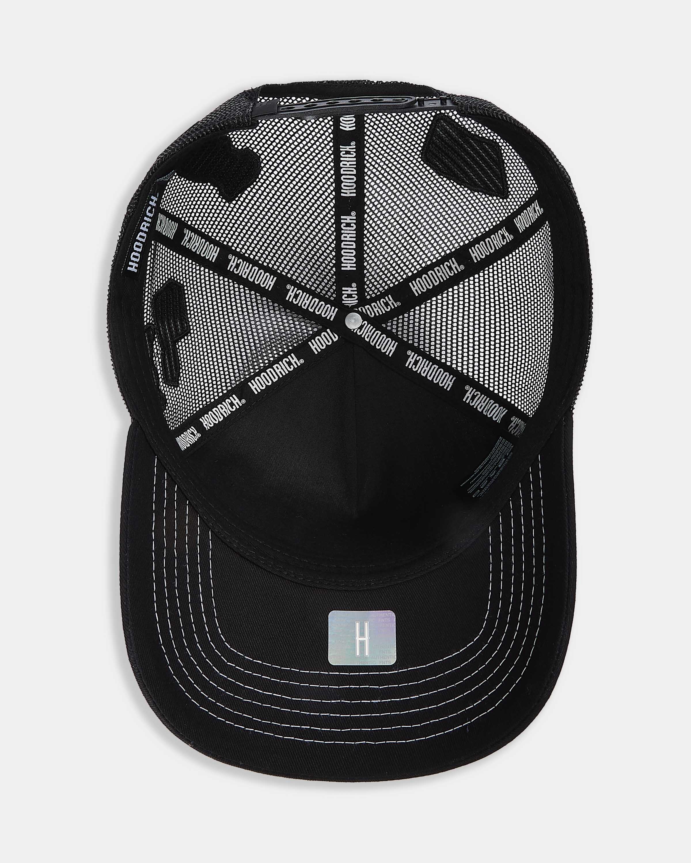Black cap with mesh back and brand logo on a light gray background