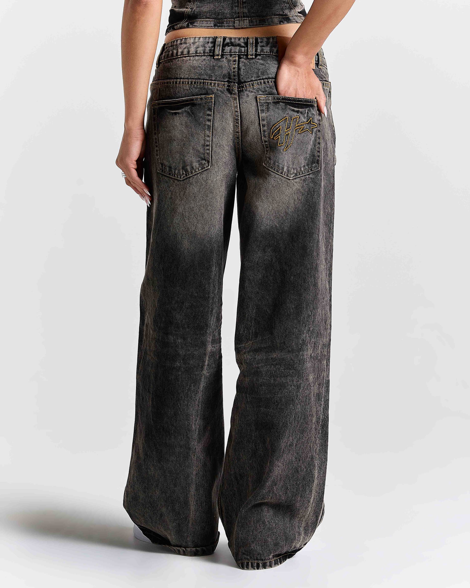 Shadow Rust Wide Leg Denim Jeans - Black Wash