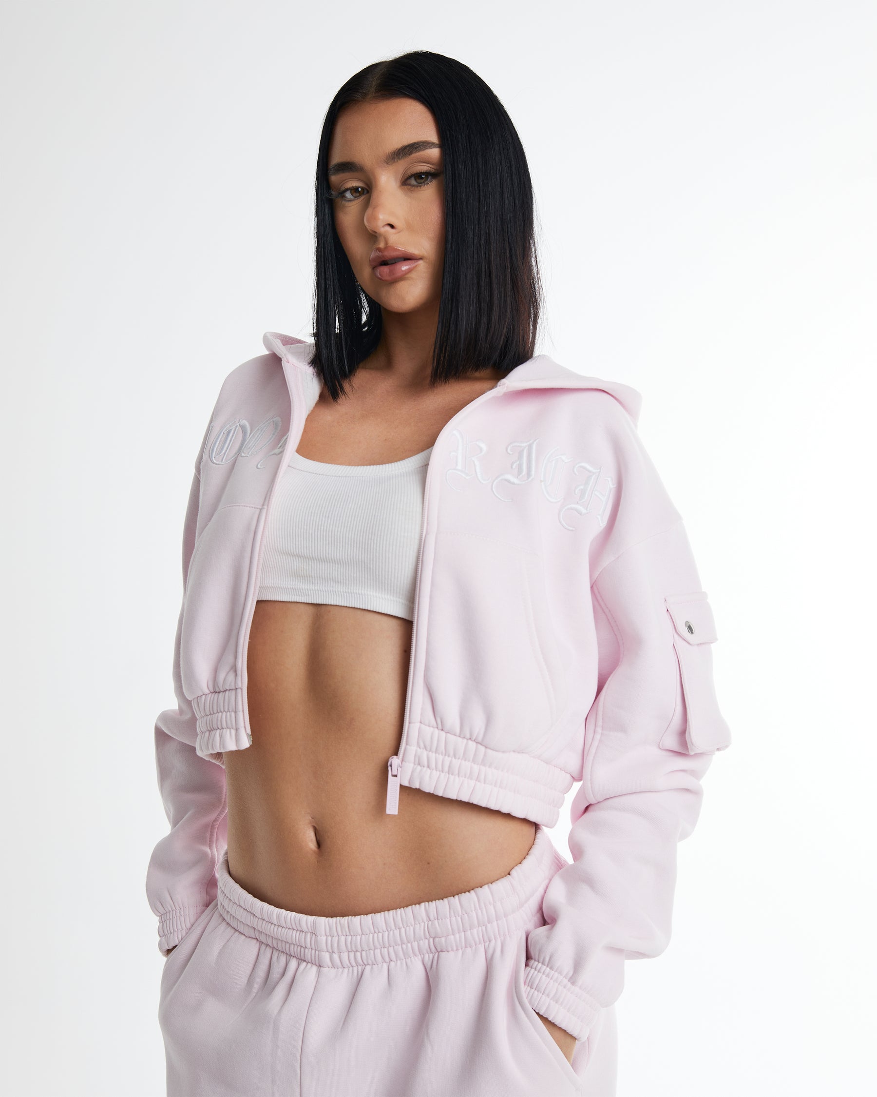 Dusk Full Zip Cropped Hoodie - Pink/White