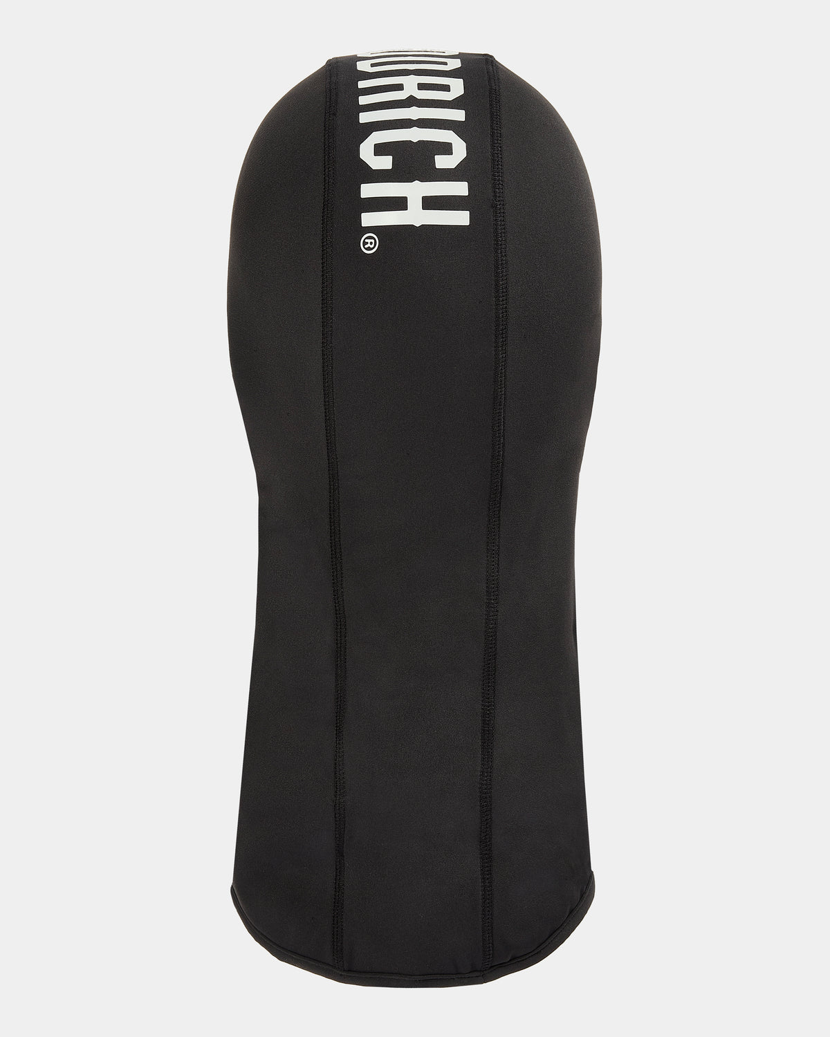 Black swim cap with 'Hoodrich' branding on a white background