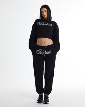 Figure Cropped Sweatshirt - Black/White/Rhinestone