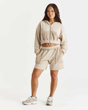 Collision Relaxed Cropped Zip Hoodie - Beige