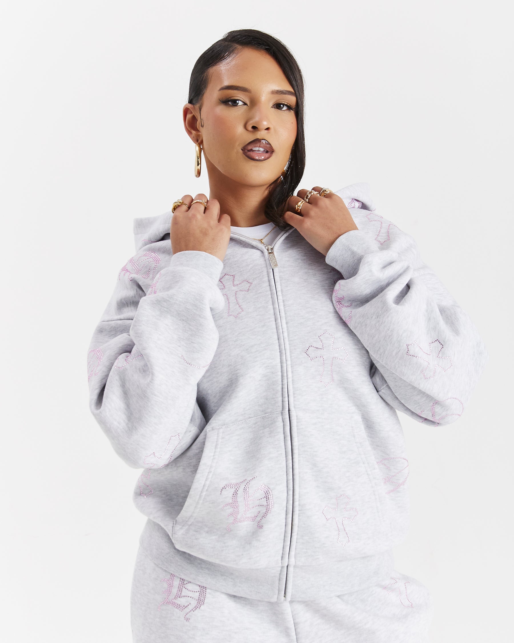 Crystal Zip Oversized Hoodie - Light Grey/Pink Rhinestone