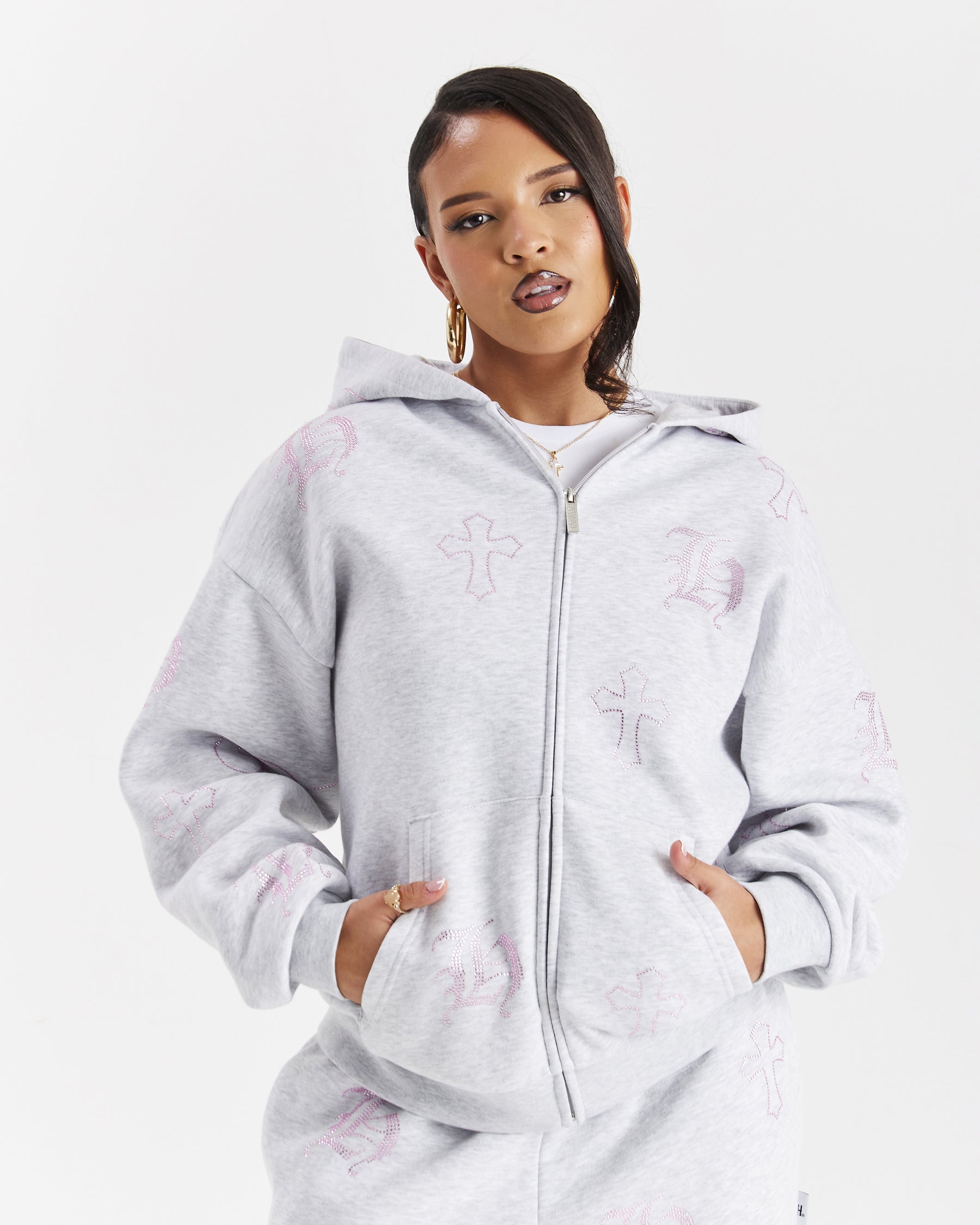 Crystal Zip Oversized Hoodie - Light Grey/Pink Rhinestone