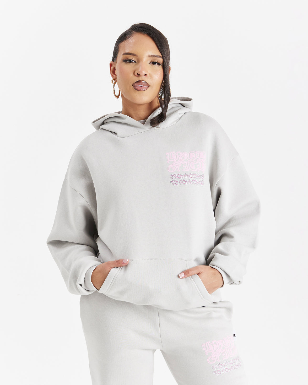 Jewel Oversized Hoodie - Light Grey/Pink