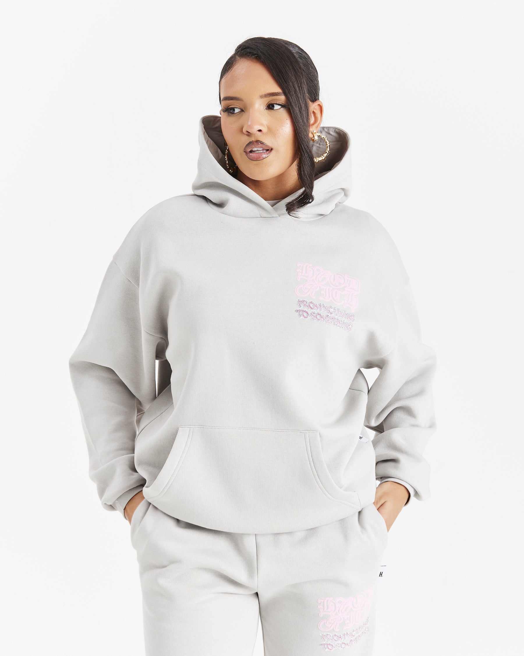 Jewel Oversized Hoodie - Light Grey/Pink